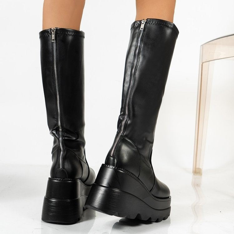 Women's GothRider Platform Mid-Calf Boots – Chunky Wedge Biker Boots (US 4–10.5)