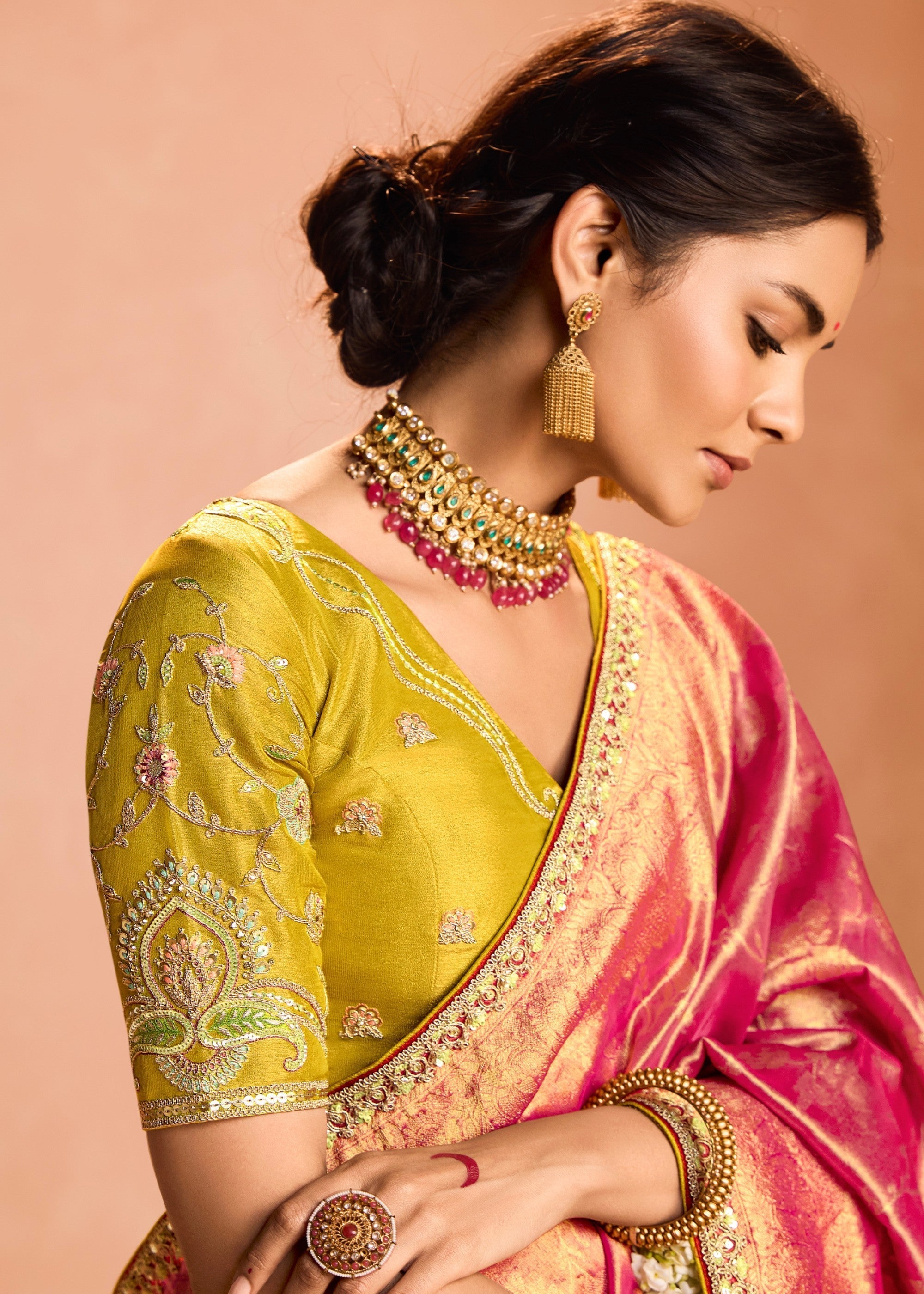 Rani Pink Zari Tissue Silk Saree With Weaving Work And Heavy Embroidery Lace - qivii