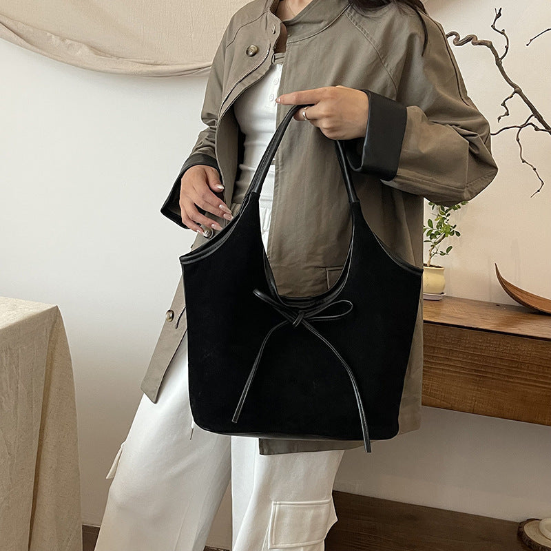 Women's Vintage Matte Tote Bag – Oversized Bow-Accent Shoulder Bag with Crossbody Strap