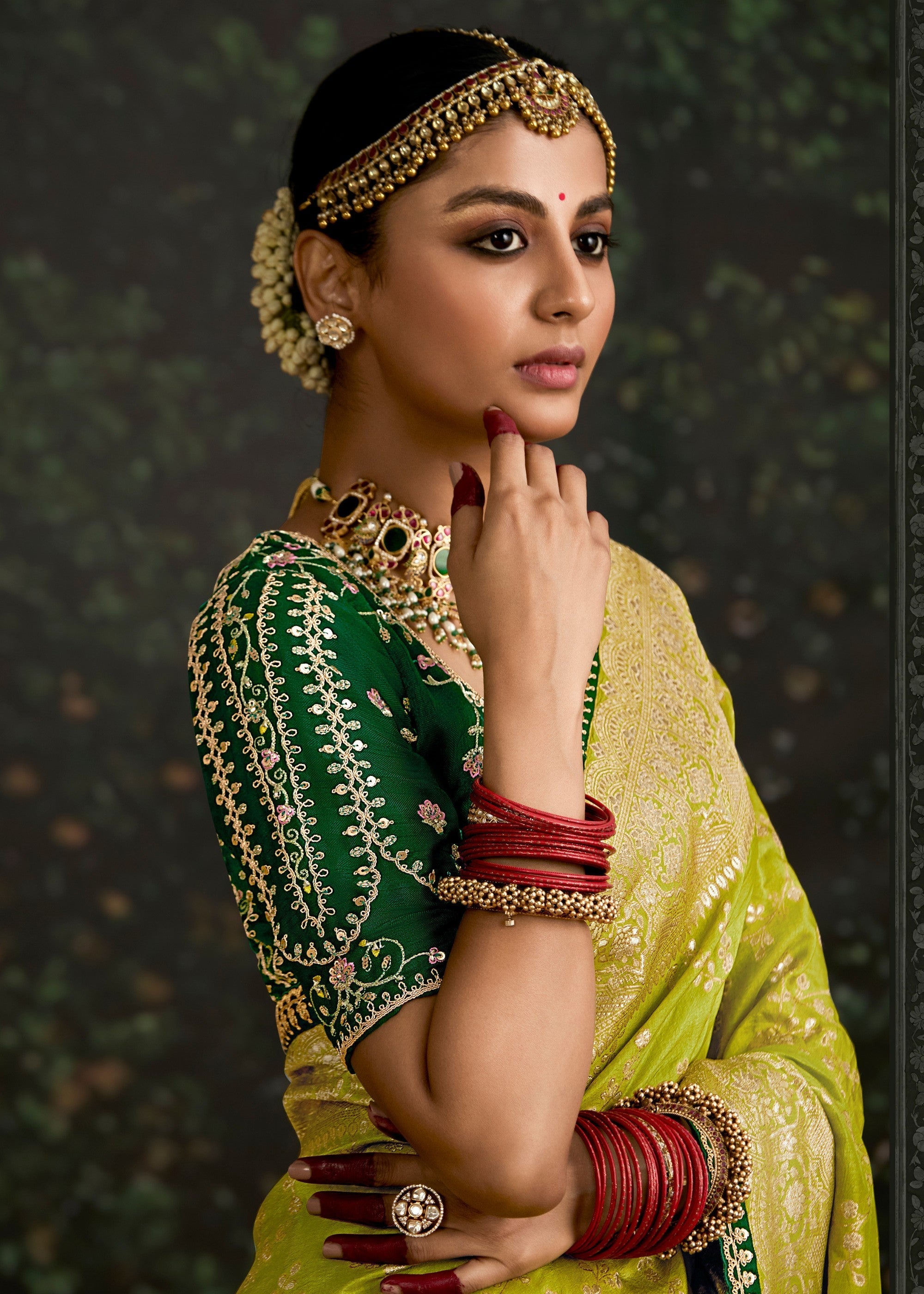 Lime-green and Dark-green Viscose silk Saree with Zari work - qivii