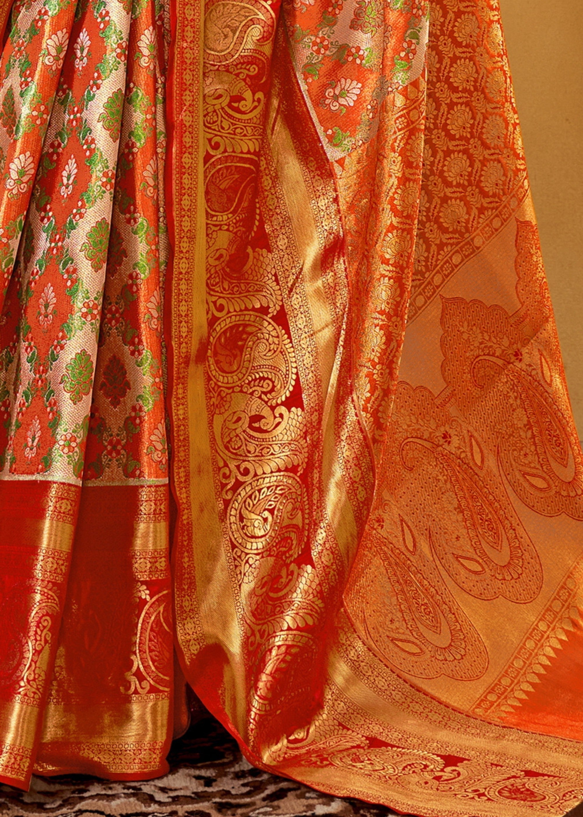 Orange Handloom Dharamavaram Silk Saree - qivii