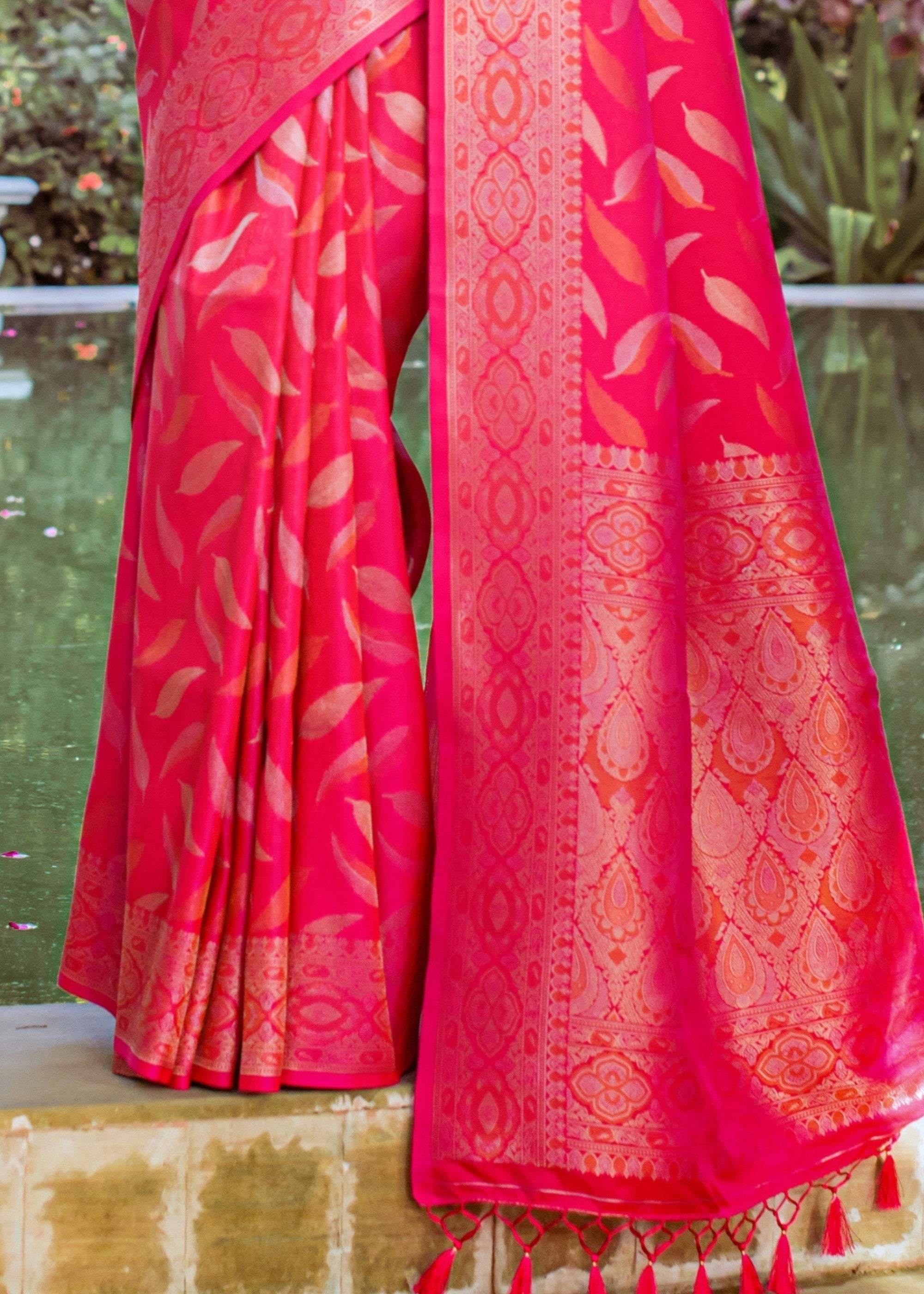 Hot Pink Zari Woven Silk Saree - qivii