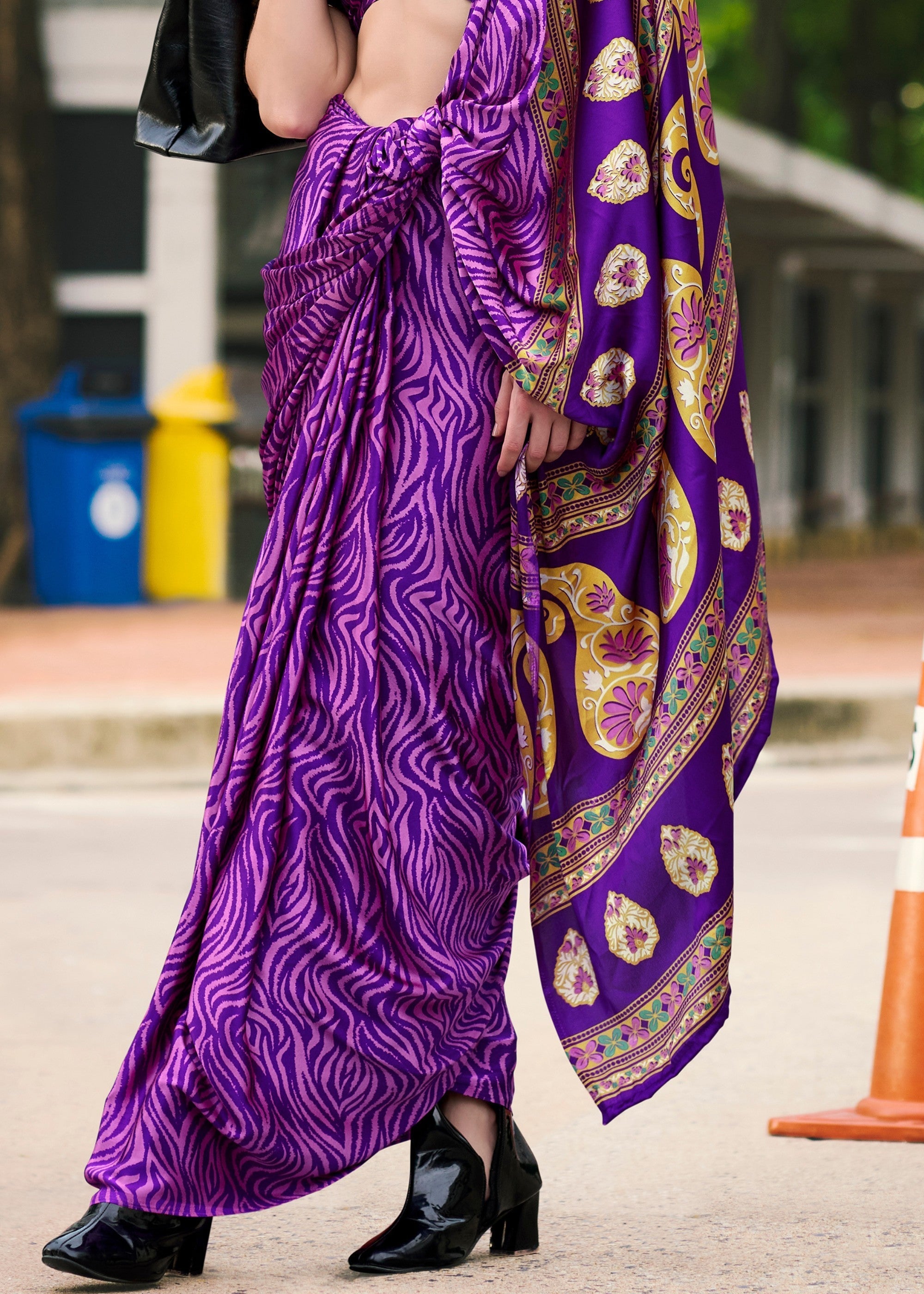 Violet Purple Printed Satin Silk Saree - qivii
