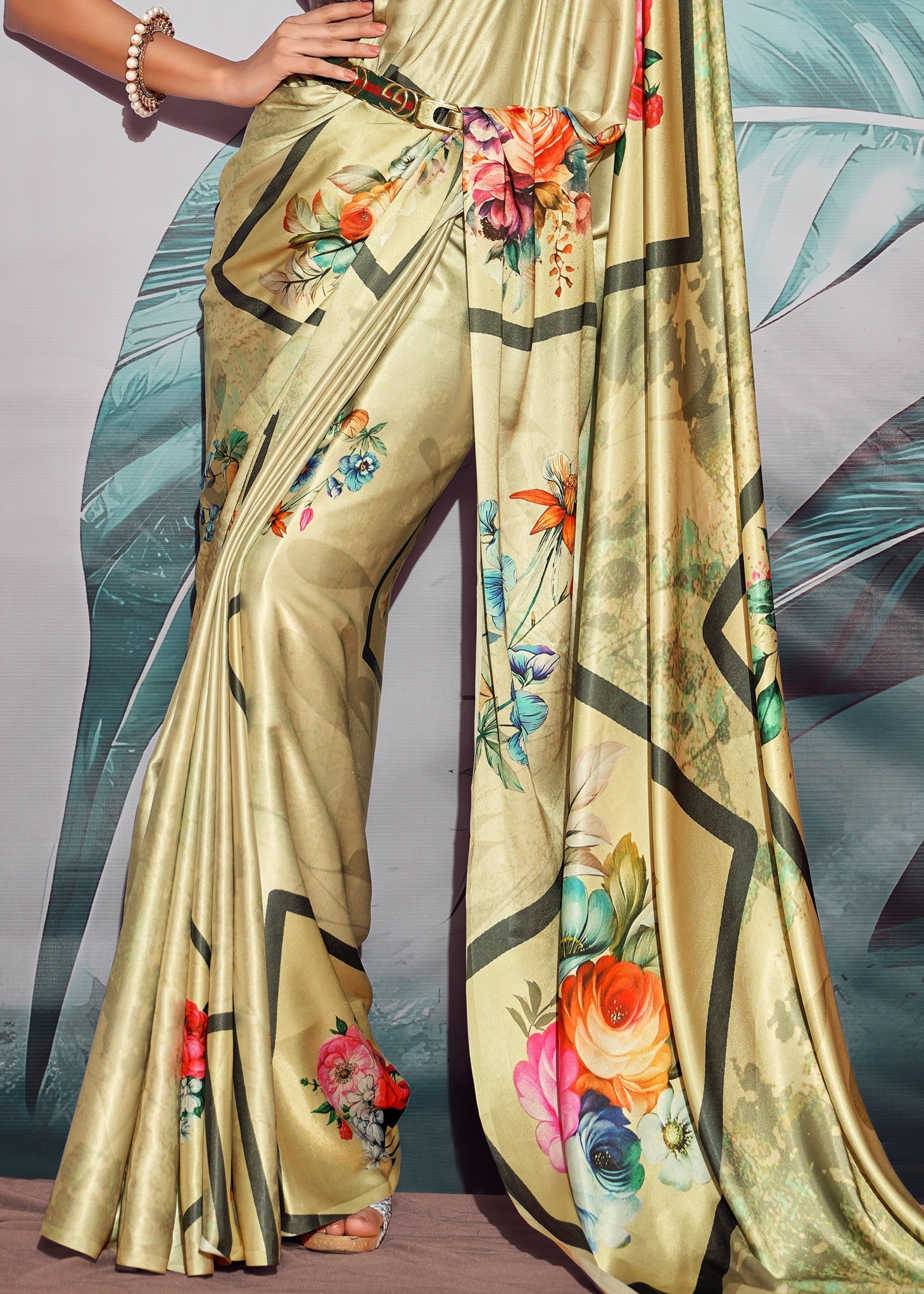 Light Green Satin Crepe With Digital print - qivii