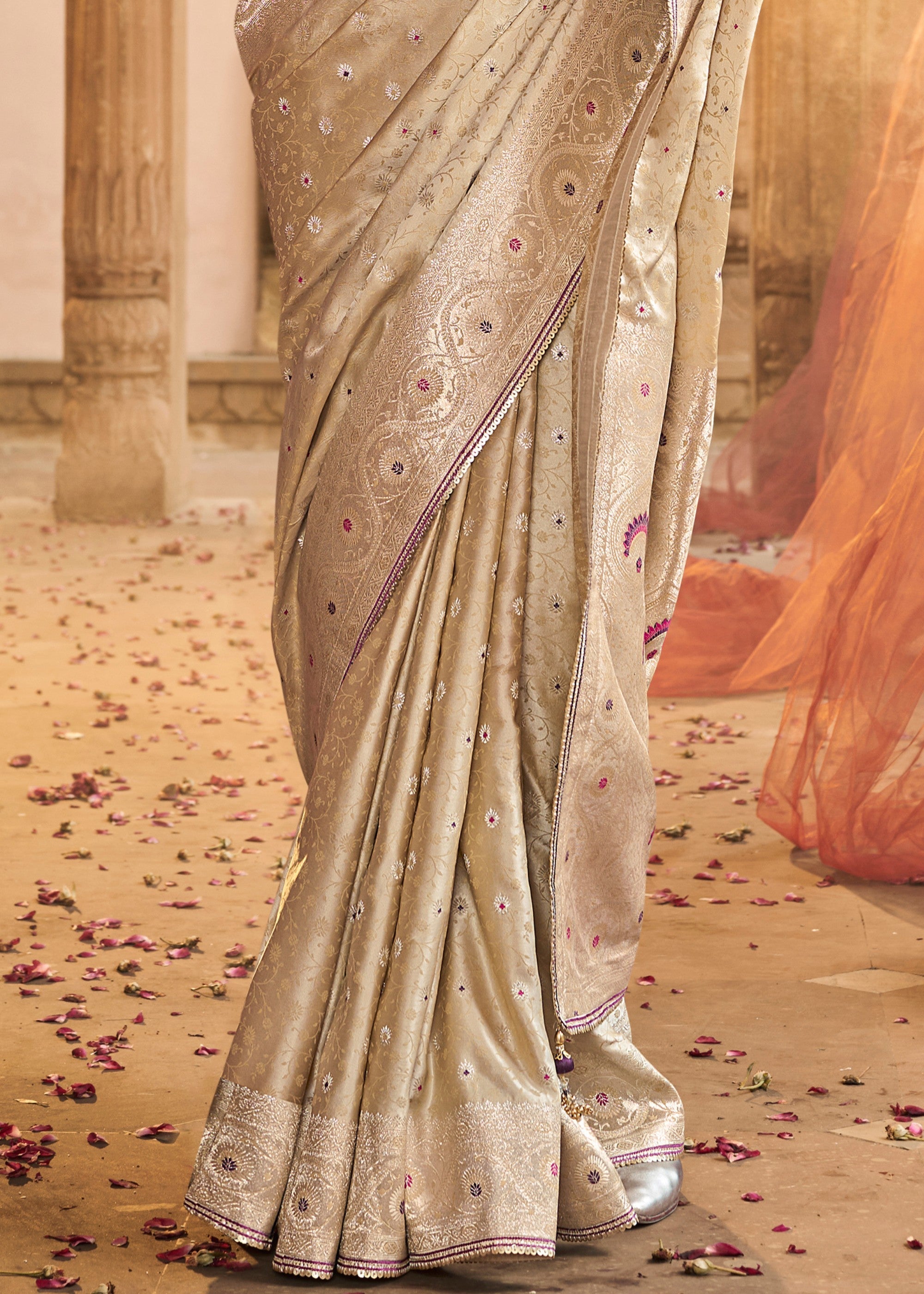 Warm White Satin Silk Saree With Beautiful Lace Border And Heavy Designer Embroidered Blouse - qivii