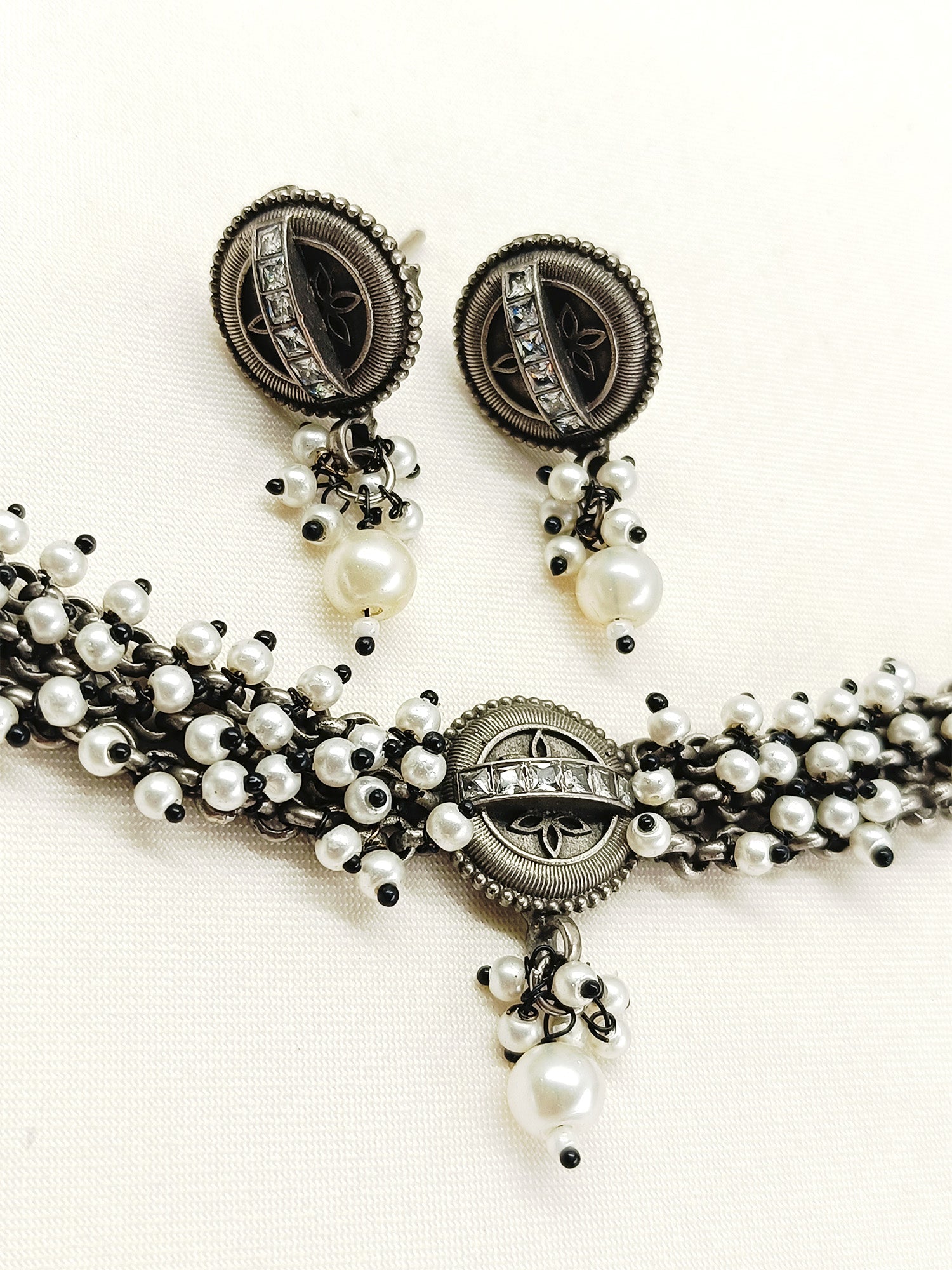 Candace White Pearl Oxidized Choker Set