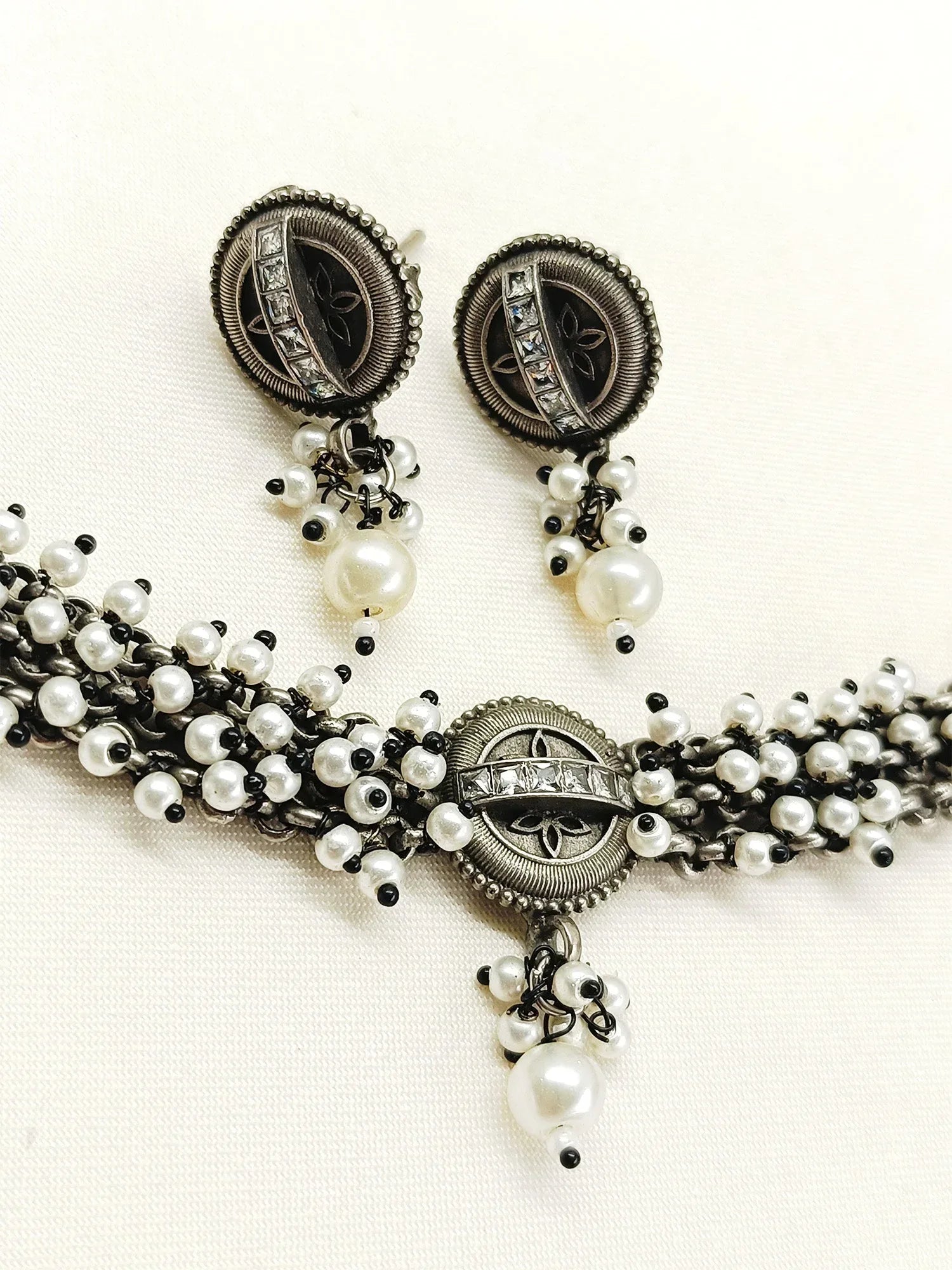 Candace White Pearl Oxidized Choker Set