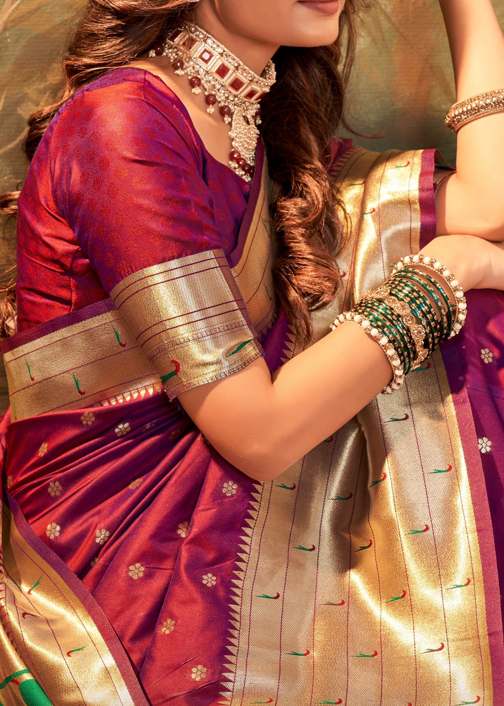 Burgundy Red Paithani Silk Saree With Zari Weaving - qivii