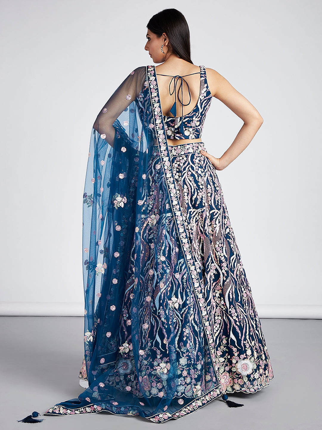 Navy Blue - Multi-Sequins & Thread Work Embroidery Net Semi-Stitched Lehenga - qivii