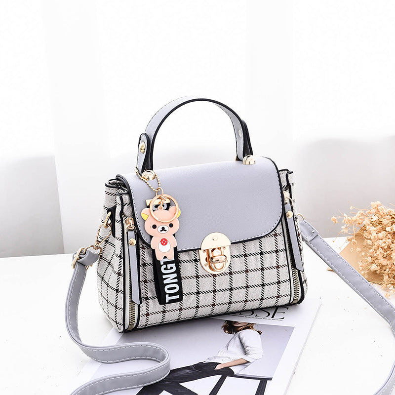 Women's Tartan-Trim Mini Crossbody - 3-Way Convertible Bag w/ Color-Block & Enamel Charms, Textured PU Small Purse