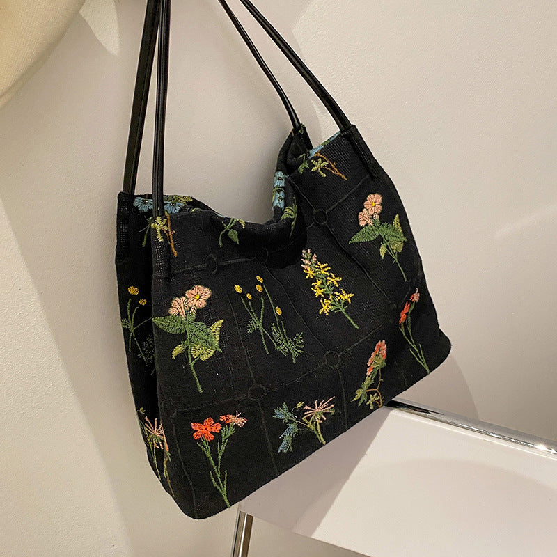 Women's Atelier Bloom Bucket — Artisan-Embroidered Canvas Commuter Tote with Structured Base & Dual Carry