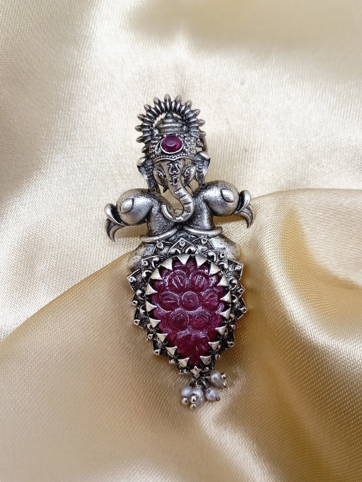 Jessie Ganesha Earrings With Maroon Carved Stone - qivii