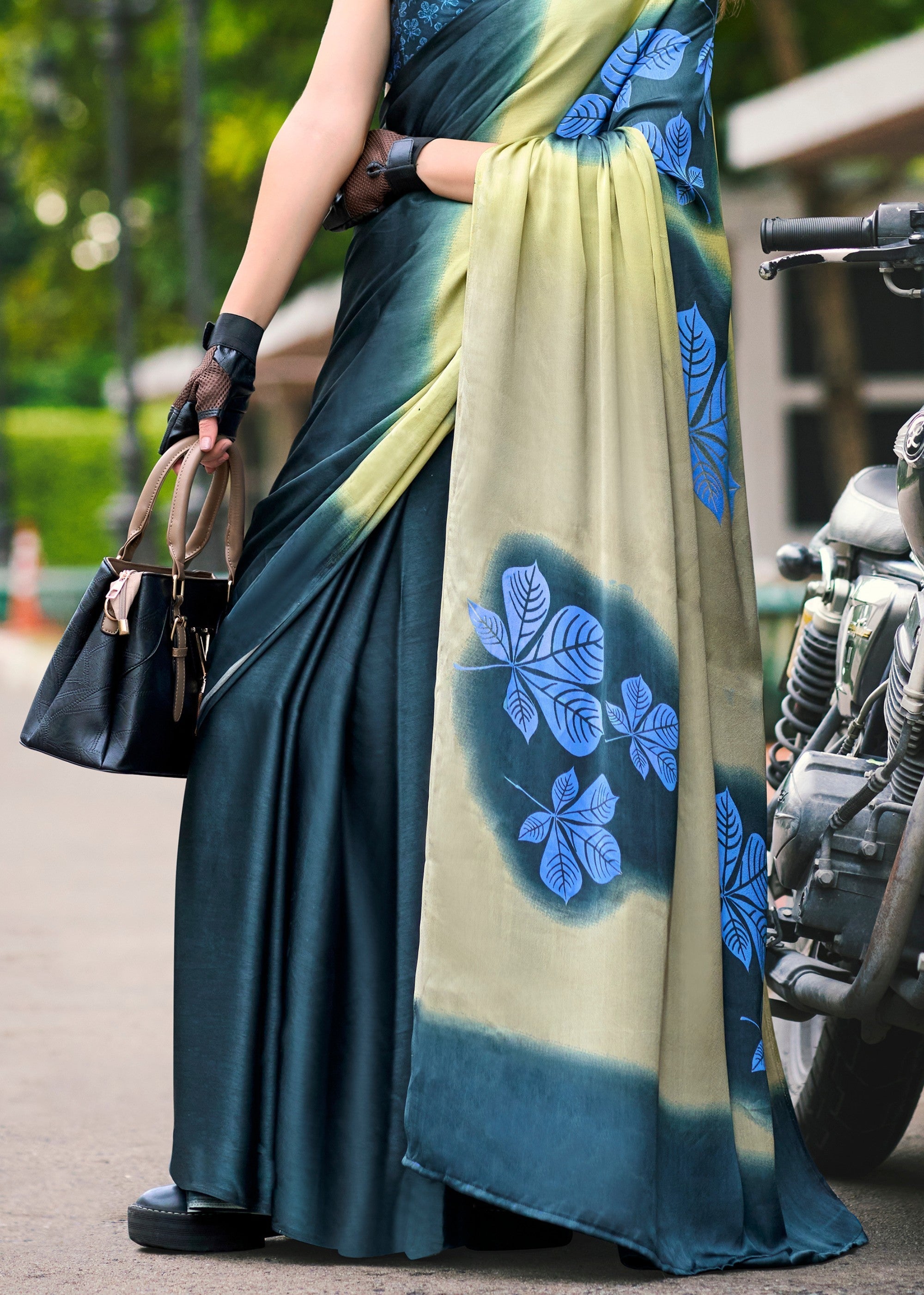 Peacock Green Printed Satin Silk Saree - qivii