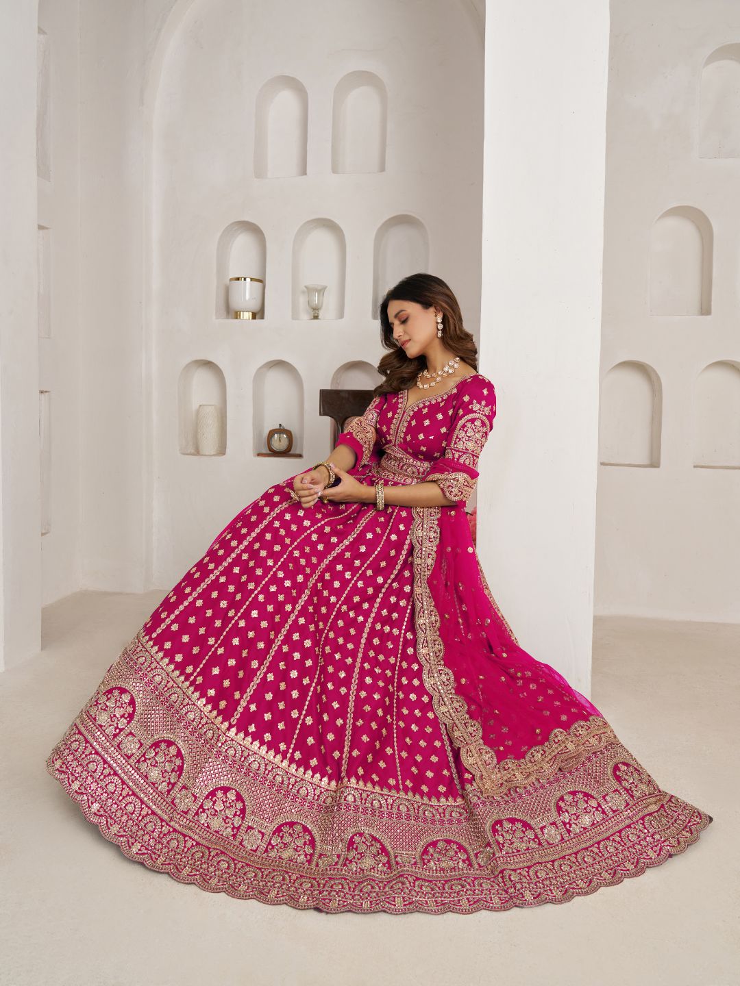 Elegant Rani Bridal Lehenga with Double Dupatta Styling