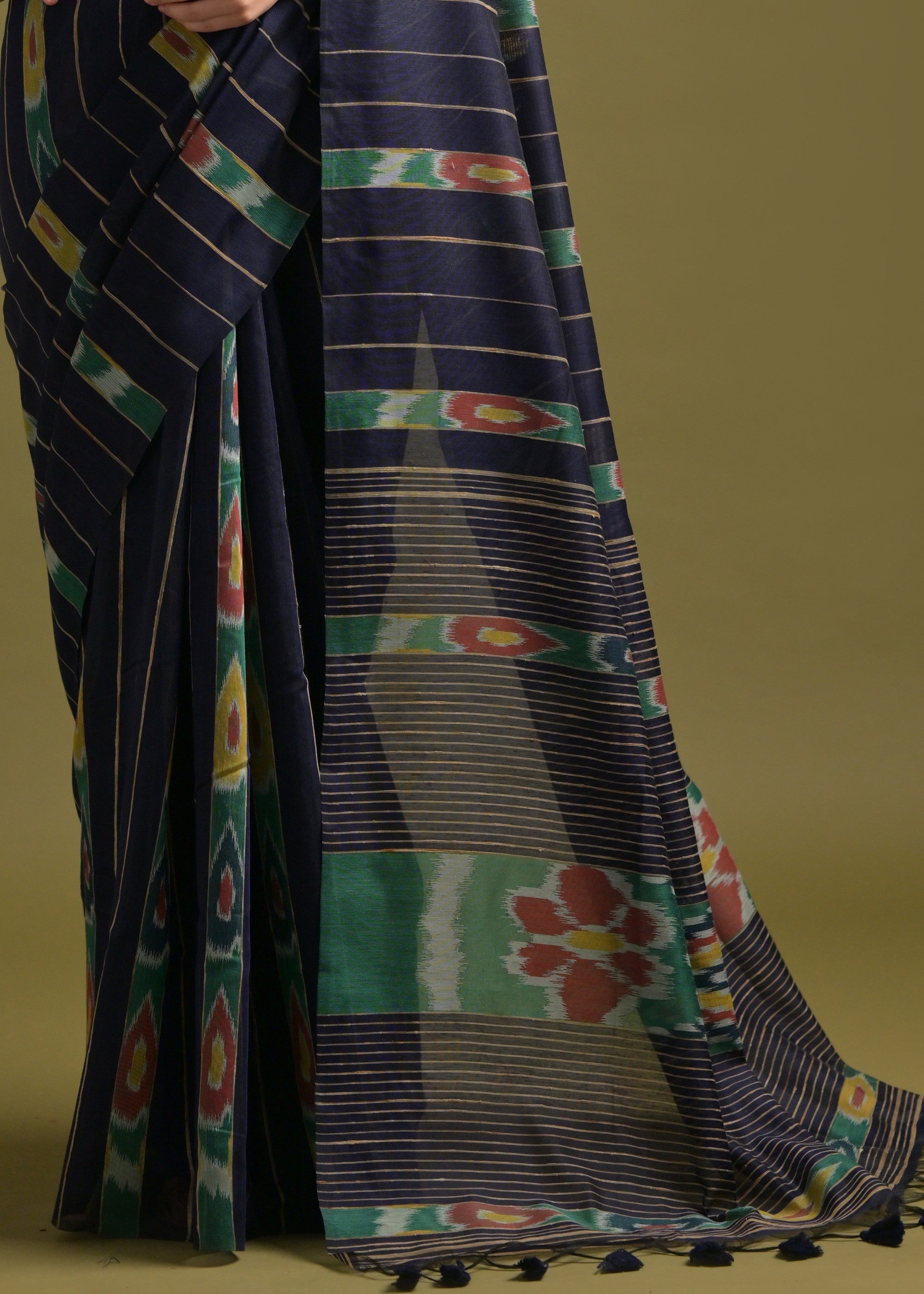 Indigo Blue Soft Ikkat Cotton Printed Saree - qivii