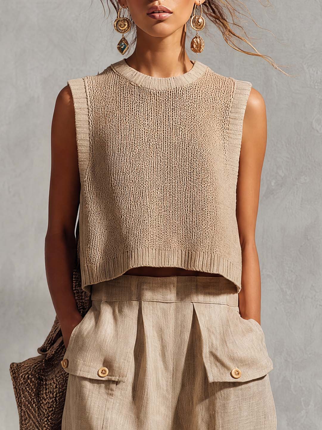 Casual Breathable Urban Style Beige Knitted Top And Cotton Pants Set - By Qivii