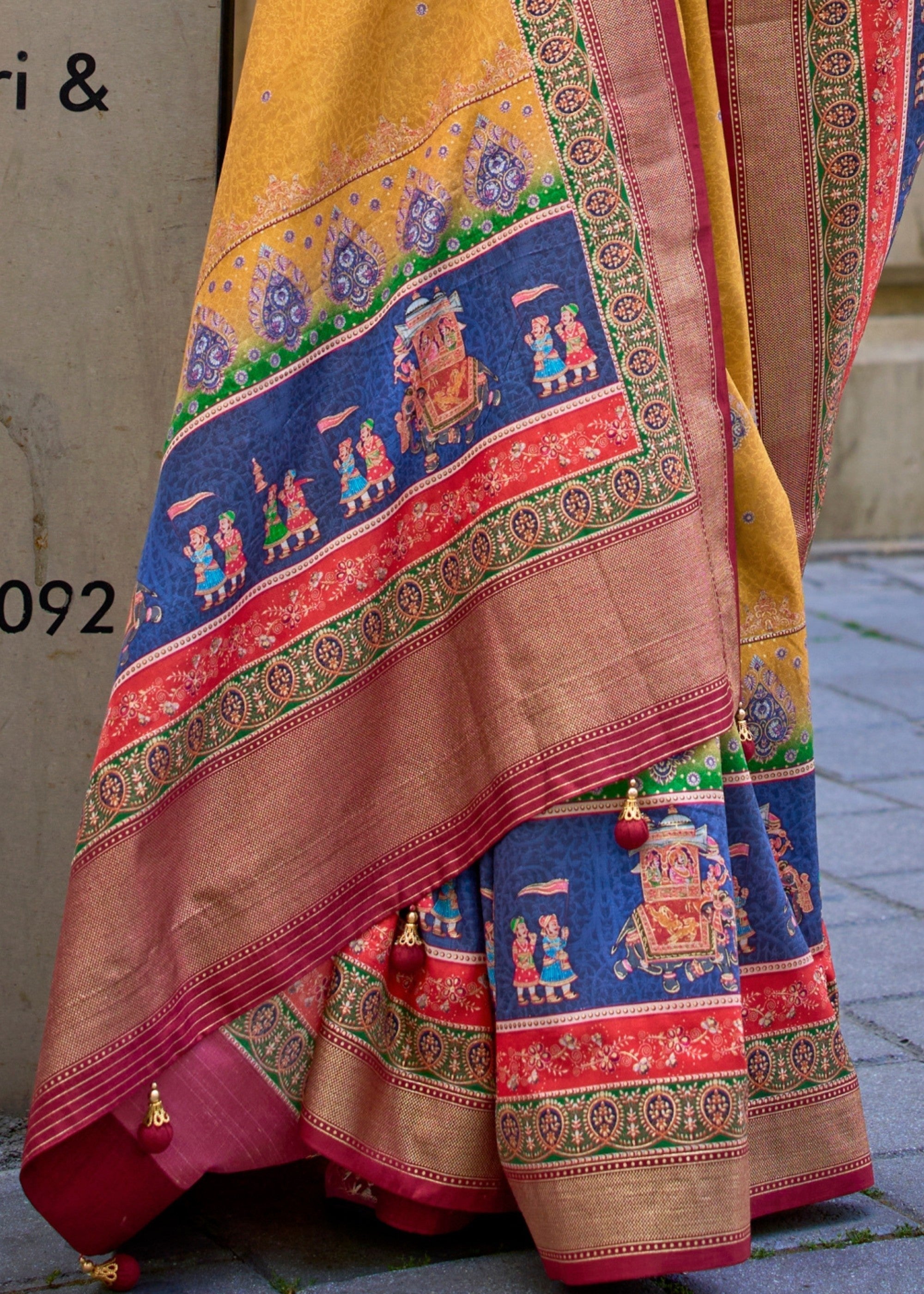 Amber Yellow Poly Viscose Silk Saree With Foil Print - qivii