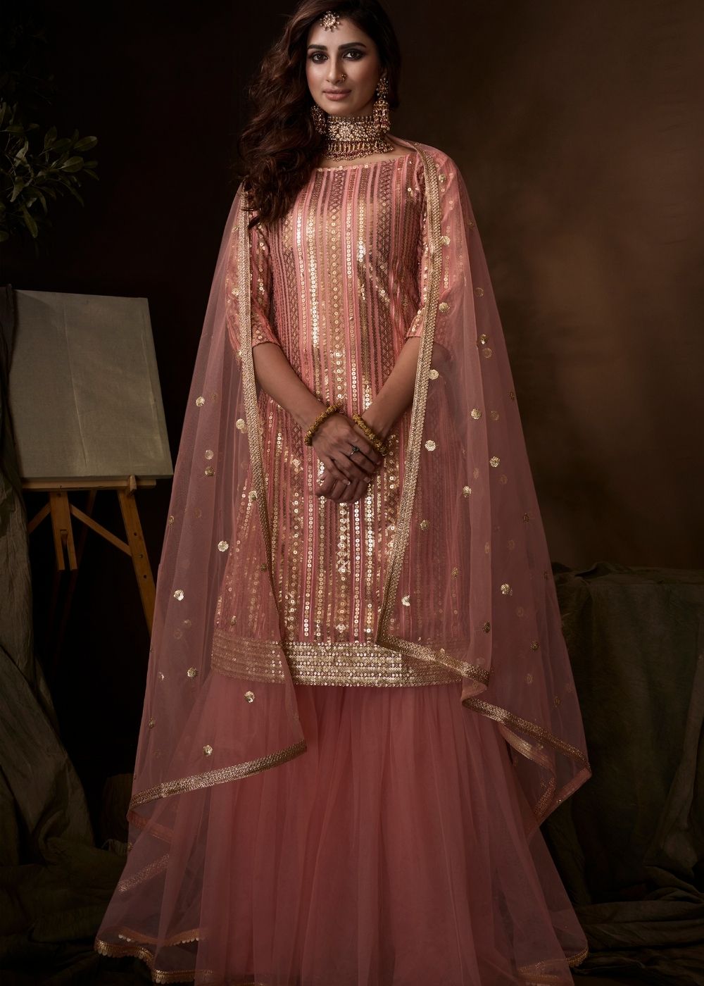 Rouge Pink Designer Soft Net Sharara Suit with Sequin, Thread and Dori work - qivii