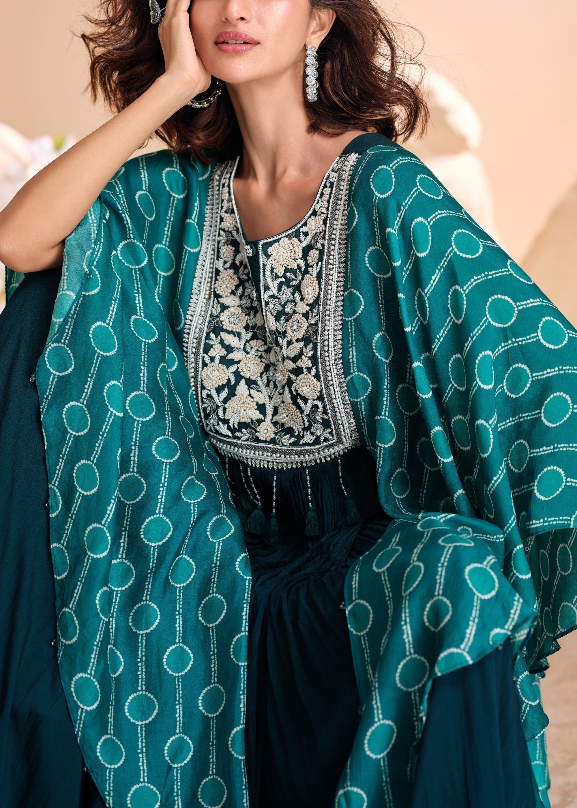 Prussian Blue Moti Embroidered Chinon Silk Gown With Digital Sleeves - qivii