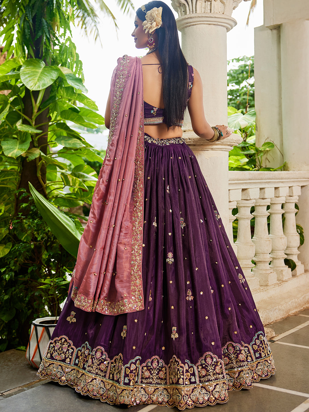 Burgundy - Satin Sequinse embroidery Lehenga choli & Dupatta