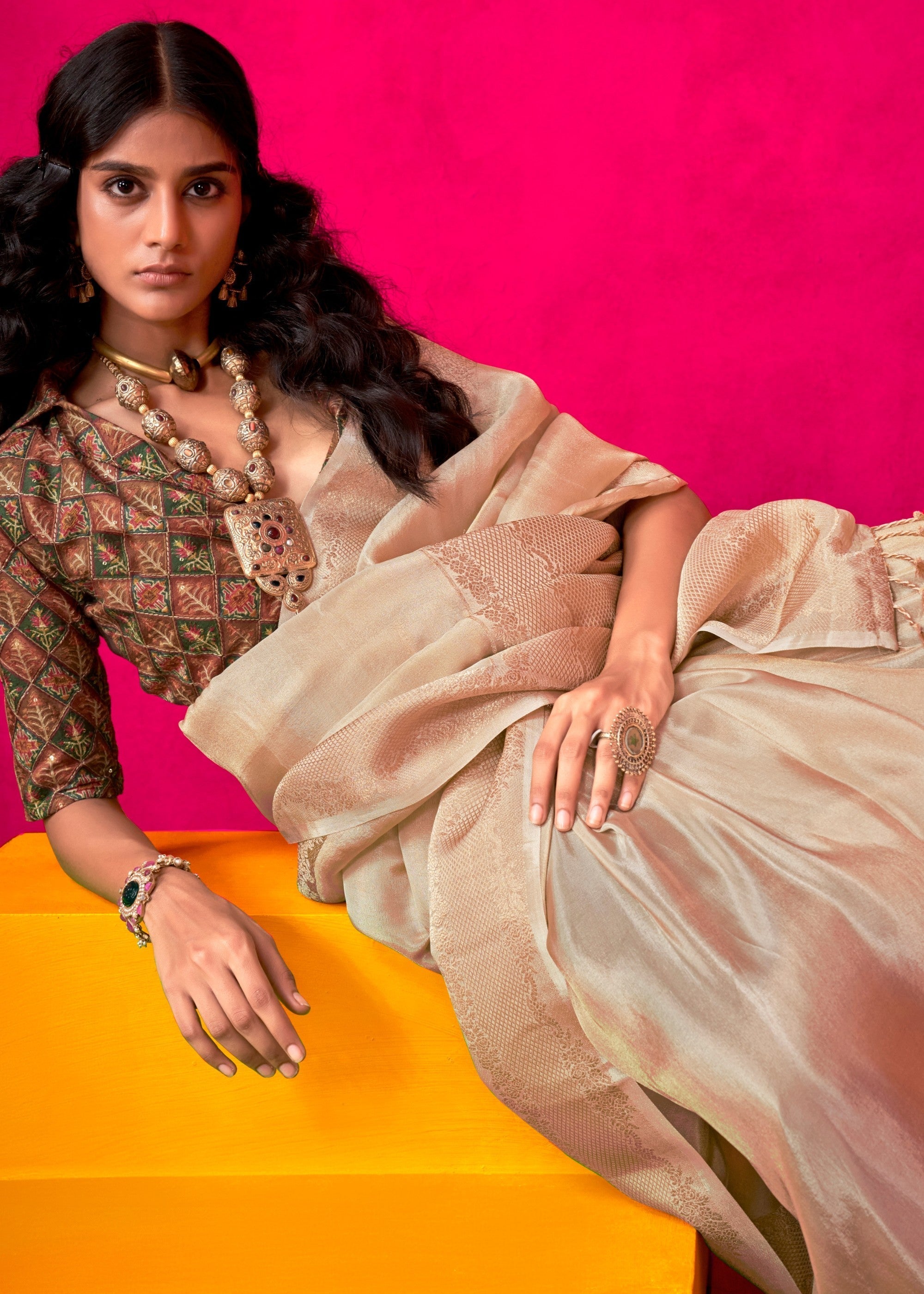 Beige Zari Tissue Silk Saree With Weaving Border - qivii