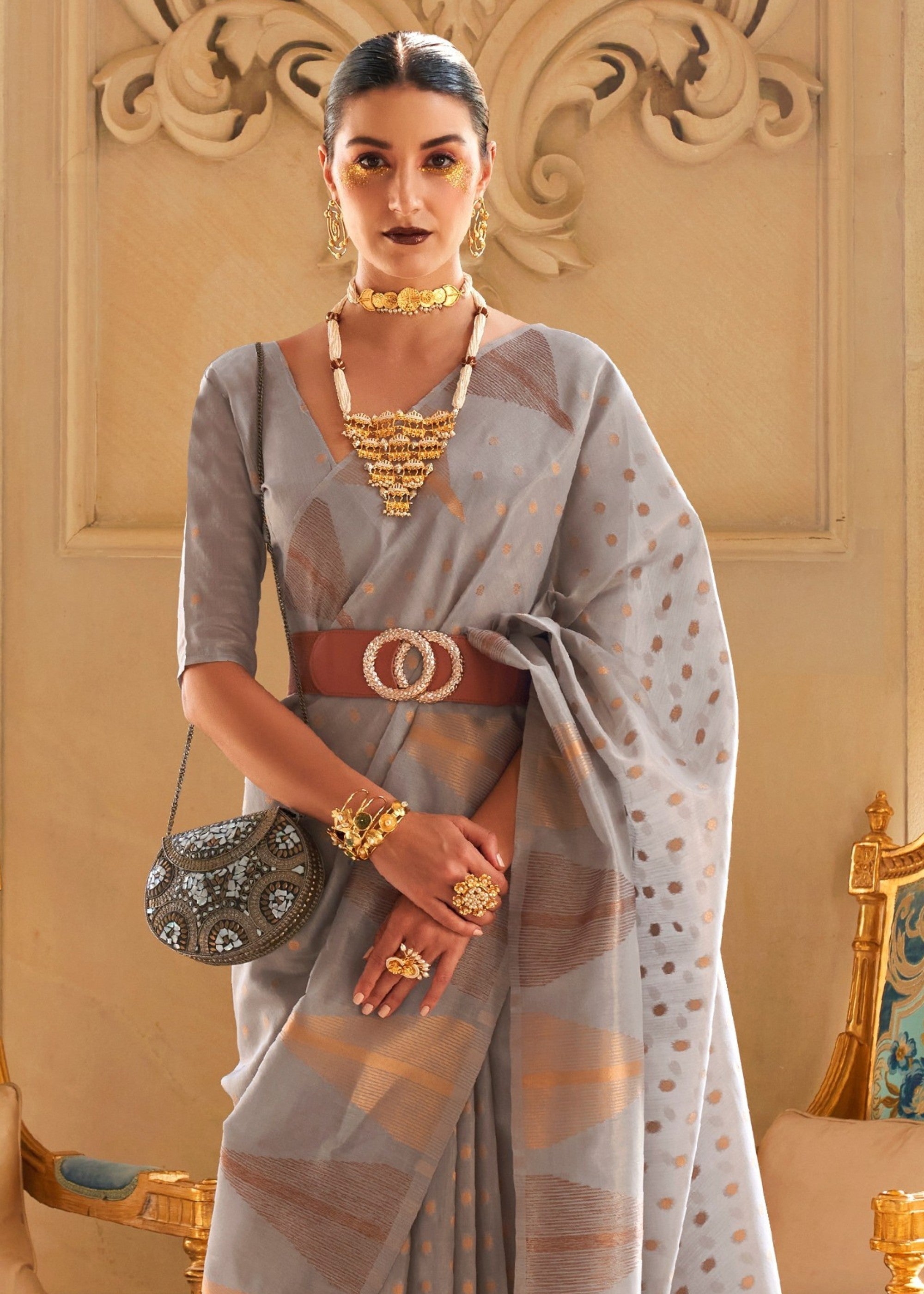 Cloudy Grey Tissue and Khicha Zari Handloom Weaving Silk Saree - qivii