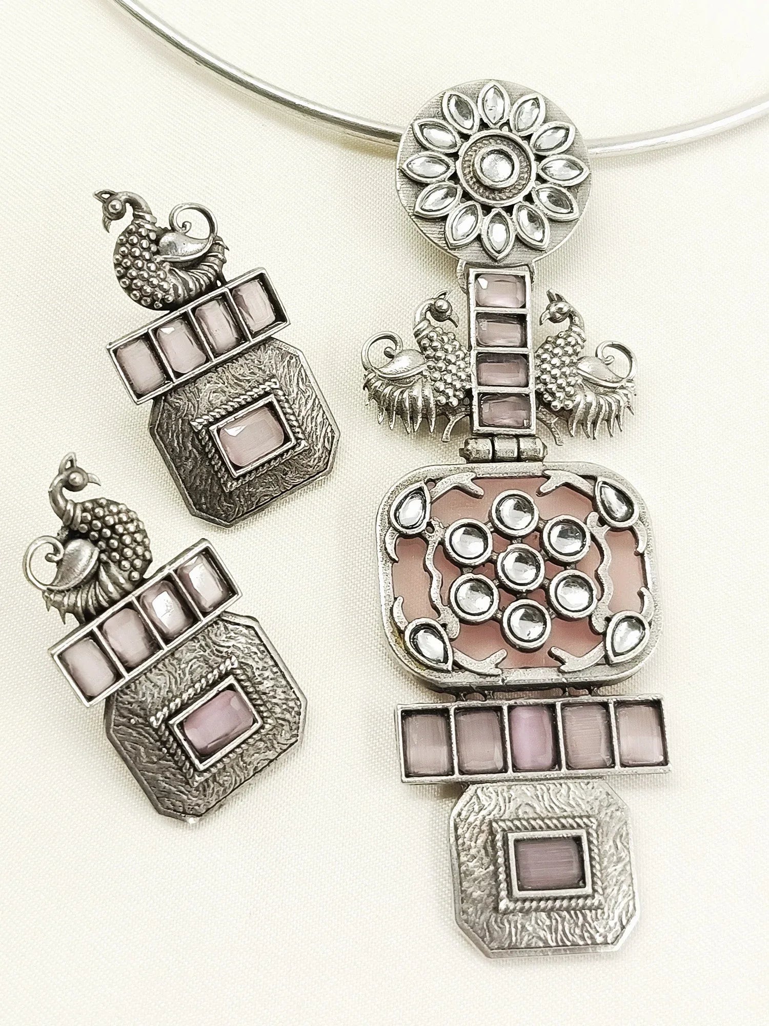 Naiya Baby Pink Oxidized Hasli Style Necklace Set