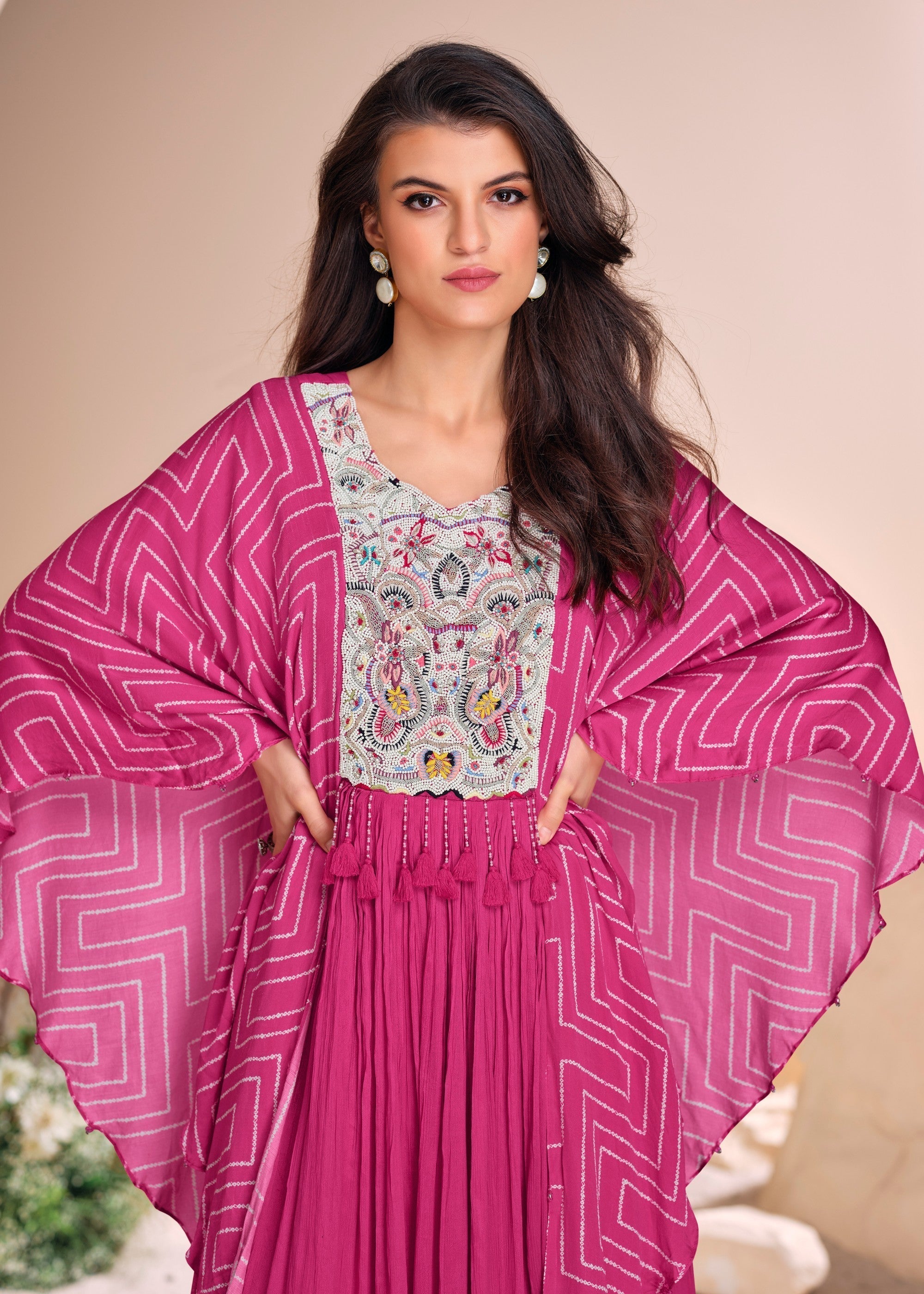Bright Pink Moti Embroidered Chinon Silk Gown With Digital Sleeves - qivii