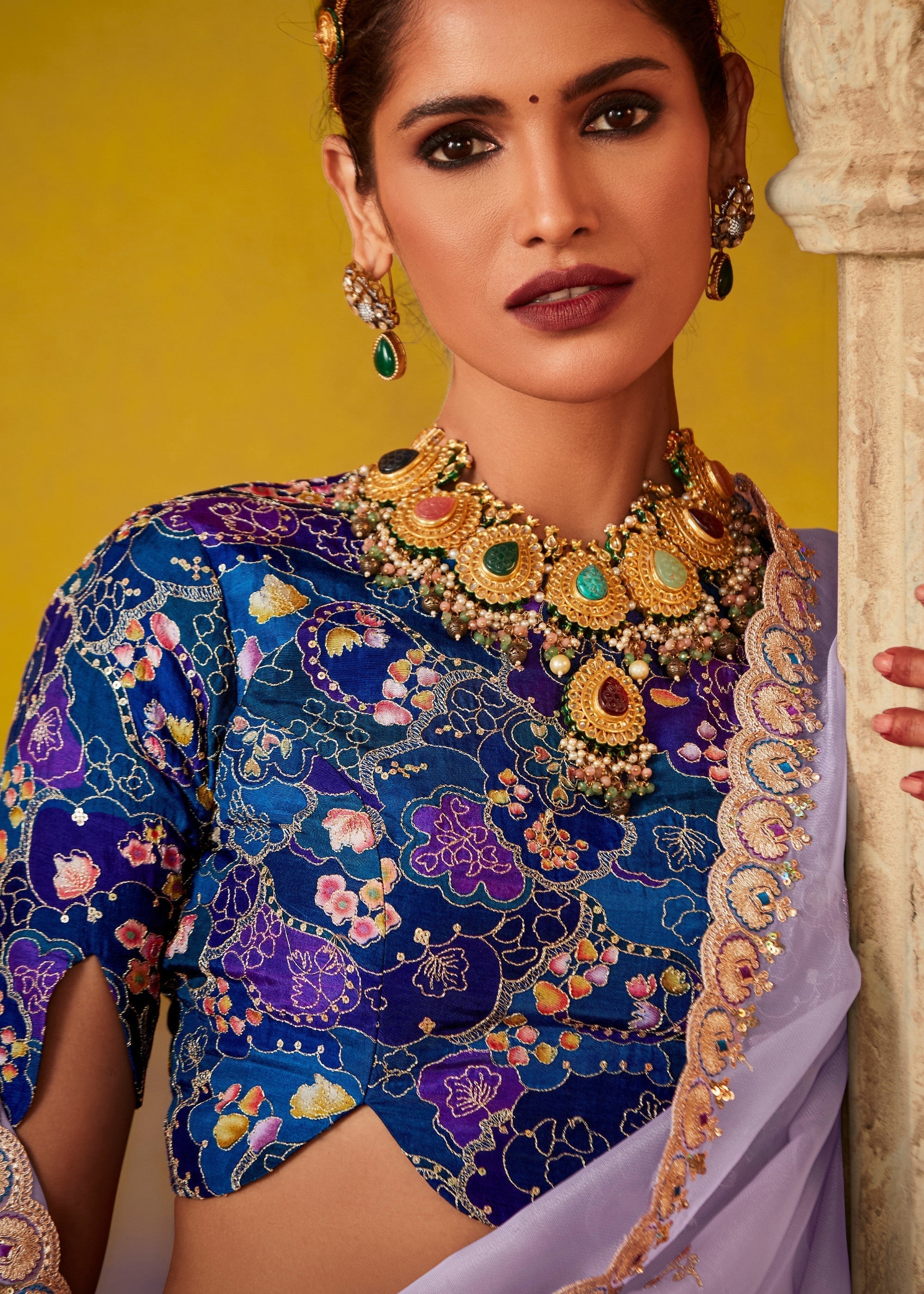 Mauve Purple Glass Tissue Silk Saree With Sequins And Thread Embroidered Work - qivii