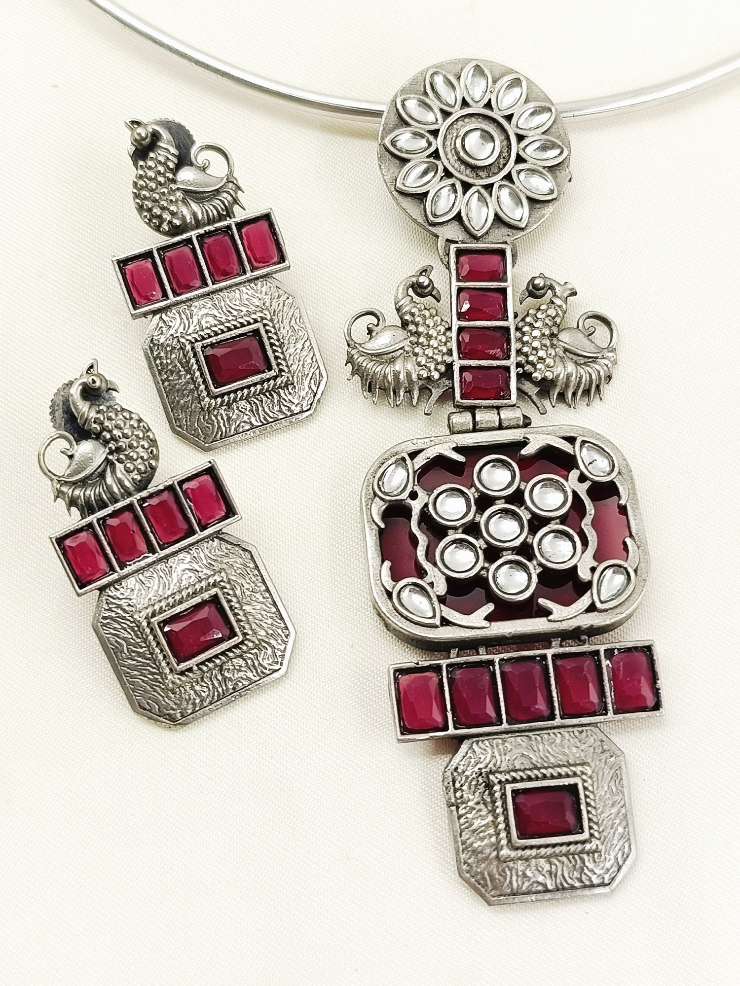 Mena Ruby Oxidized Hasli Style Necklace Set