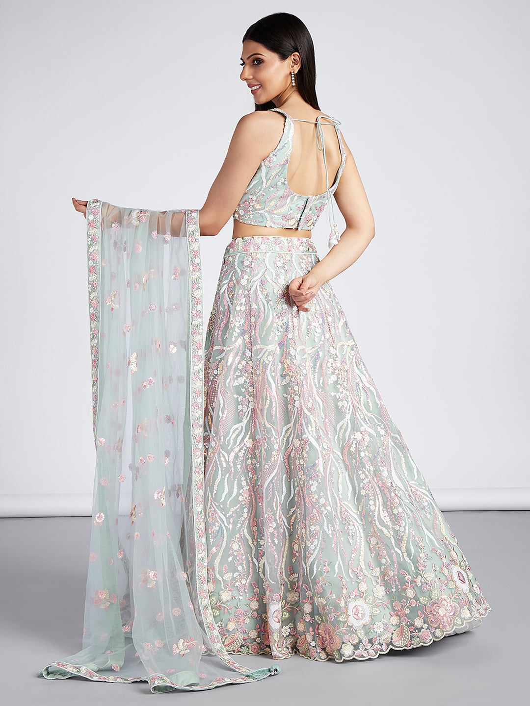 Limegreen - Multi-Sequins & Thread Work Embroidery Net Semi-Stitched Lehenga - qivii