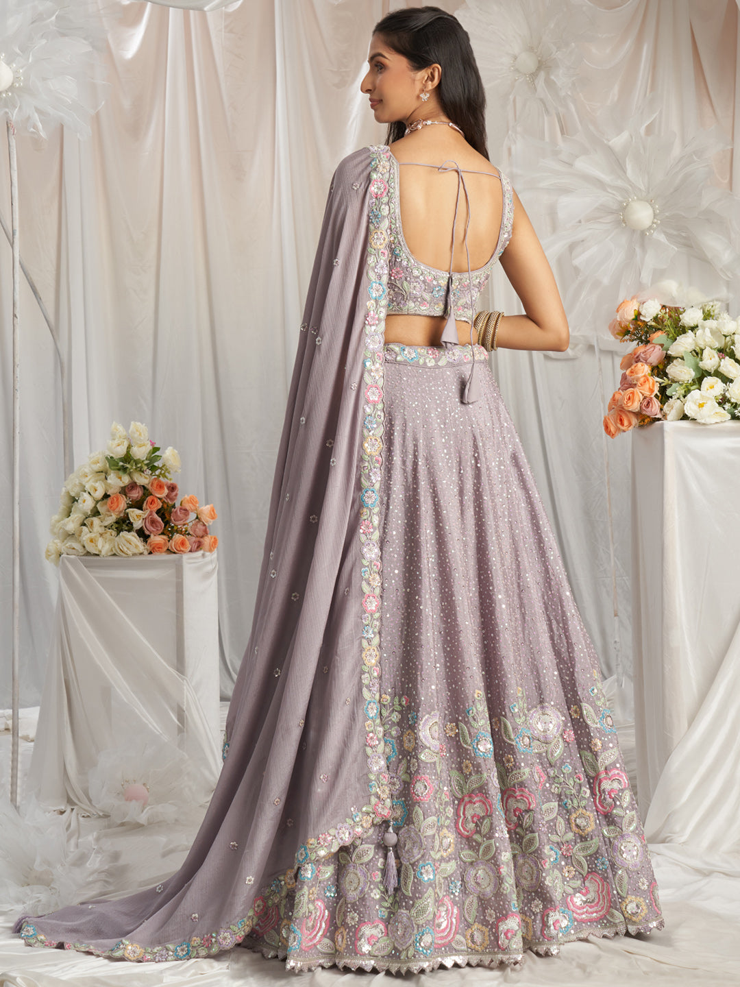 Lavender - Multi-Color Thread,Sequin Heavy Embroidered Pastel Color Chiffon Semi-Stitched Lehenga - qivii