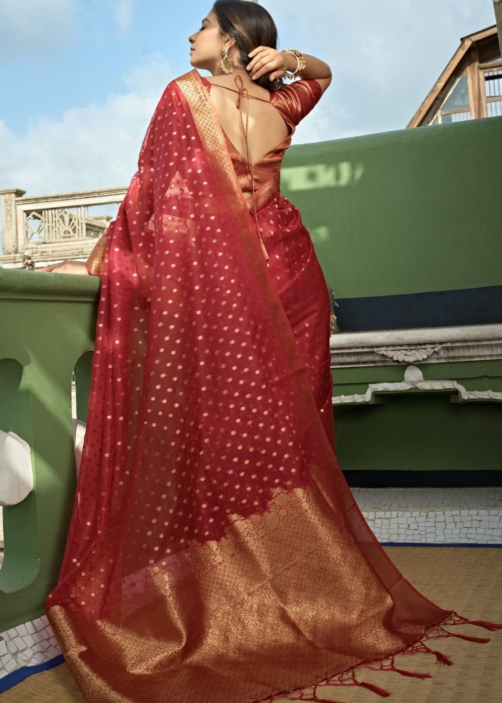 Berry Red Zari Woven Organza Silk Saree - qivii