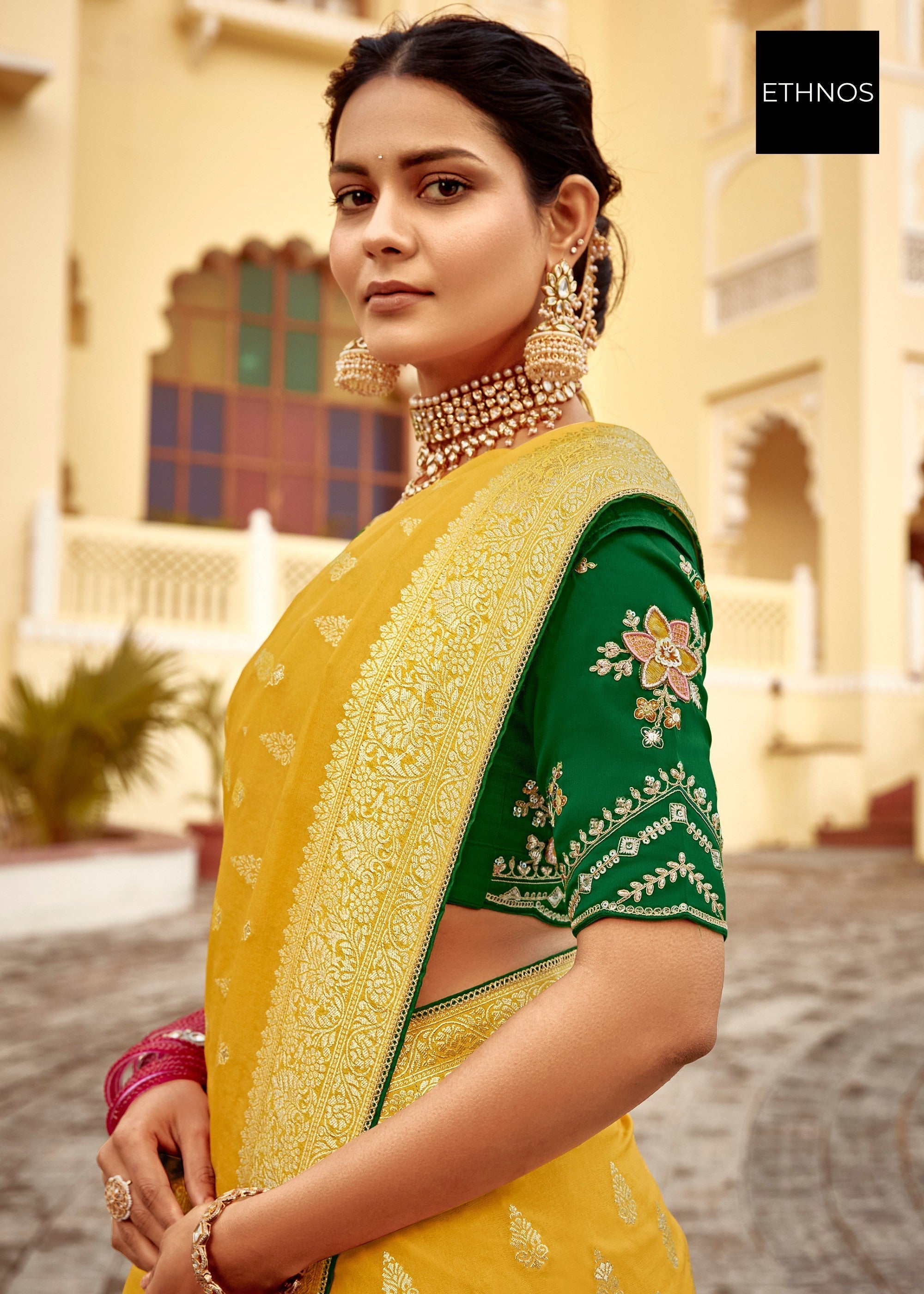 Canary Yellow Dola Silk Saree Embellished With Weaving Work And Heavy Embroidered Blouse - qivii