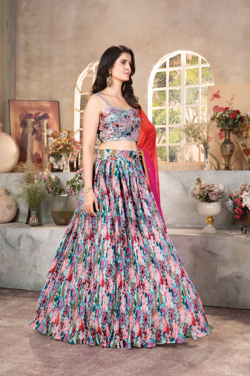 MULTI COLOR SOFT TABBY ORGENZA WITH DIGITAL PRINT WITH CRUISE PATTERN DESIGNE WORKLEHENGA - INSPIRED | Ready To Wear - qivii
