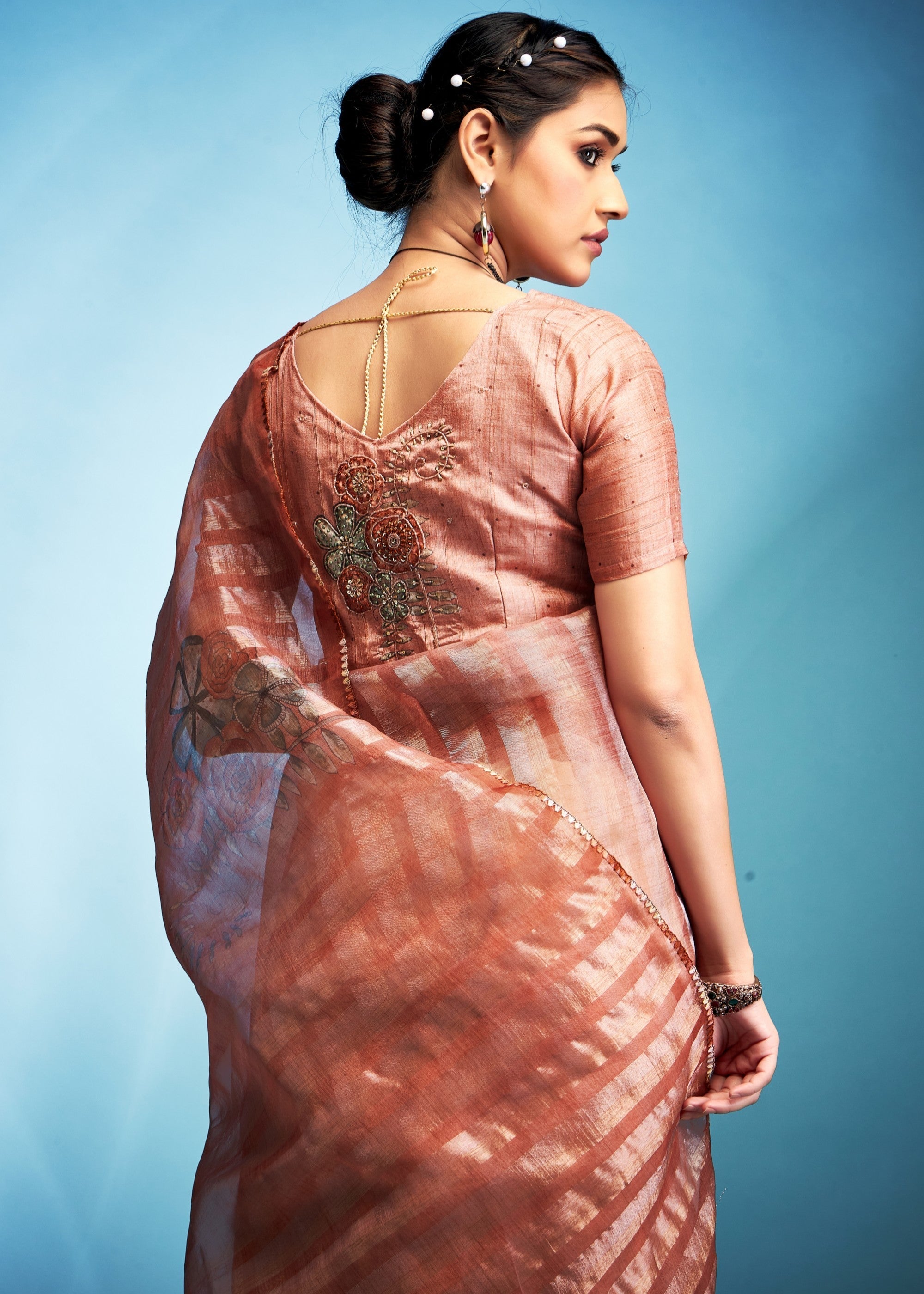 Salmon Orange Tissue Silk Saree With Floral Print - qivii