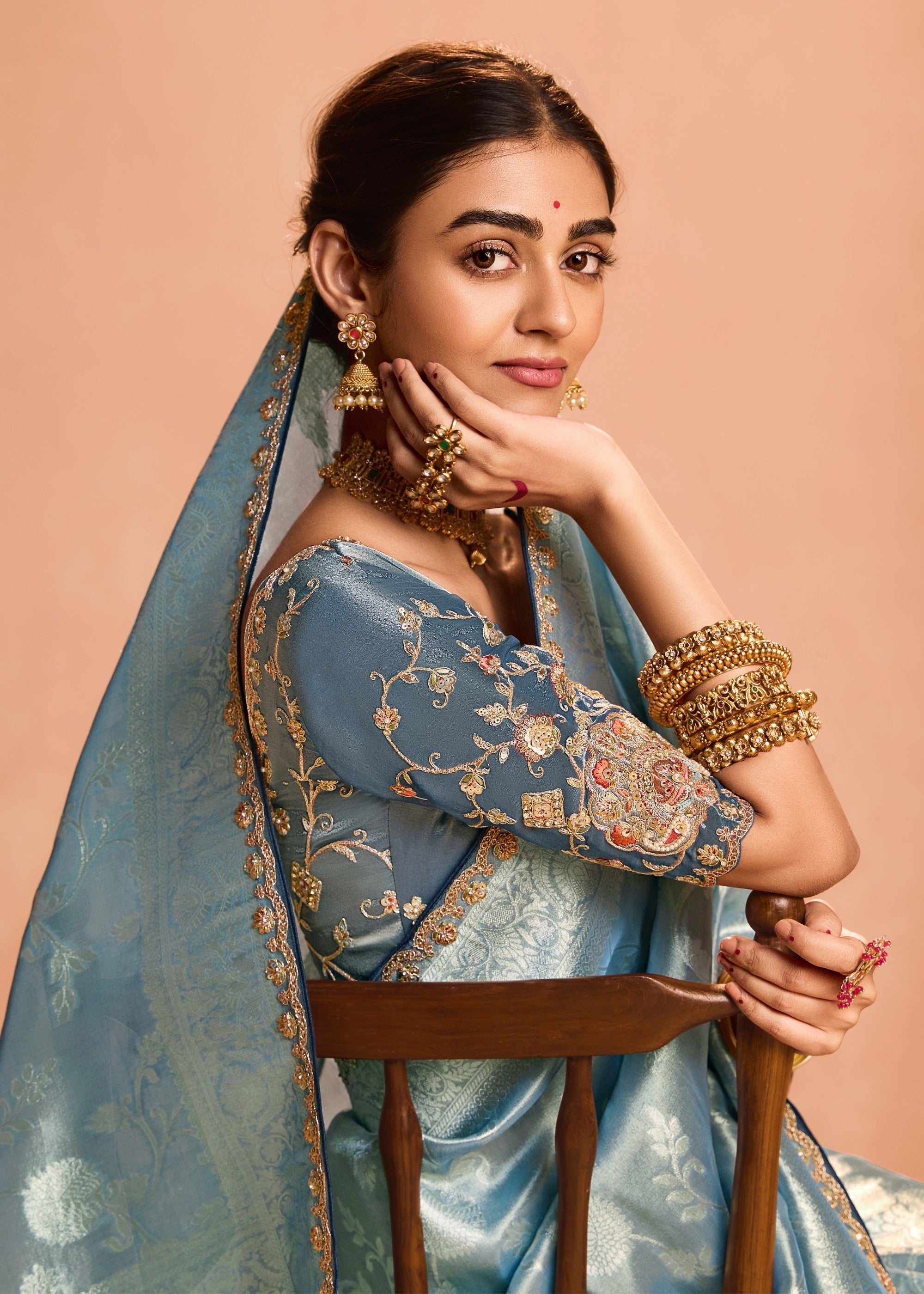Pacific Blue Zari Tissue Silk Saree With Weaving Work And Heavy Embroidery Lace - qivii