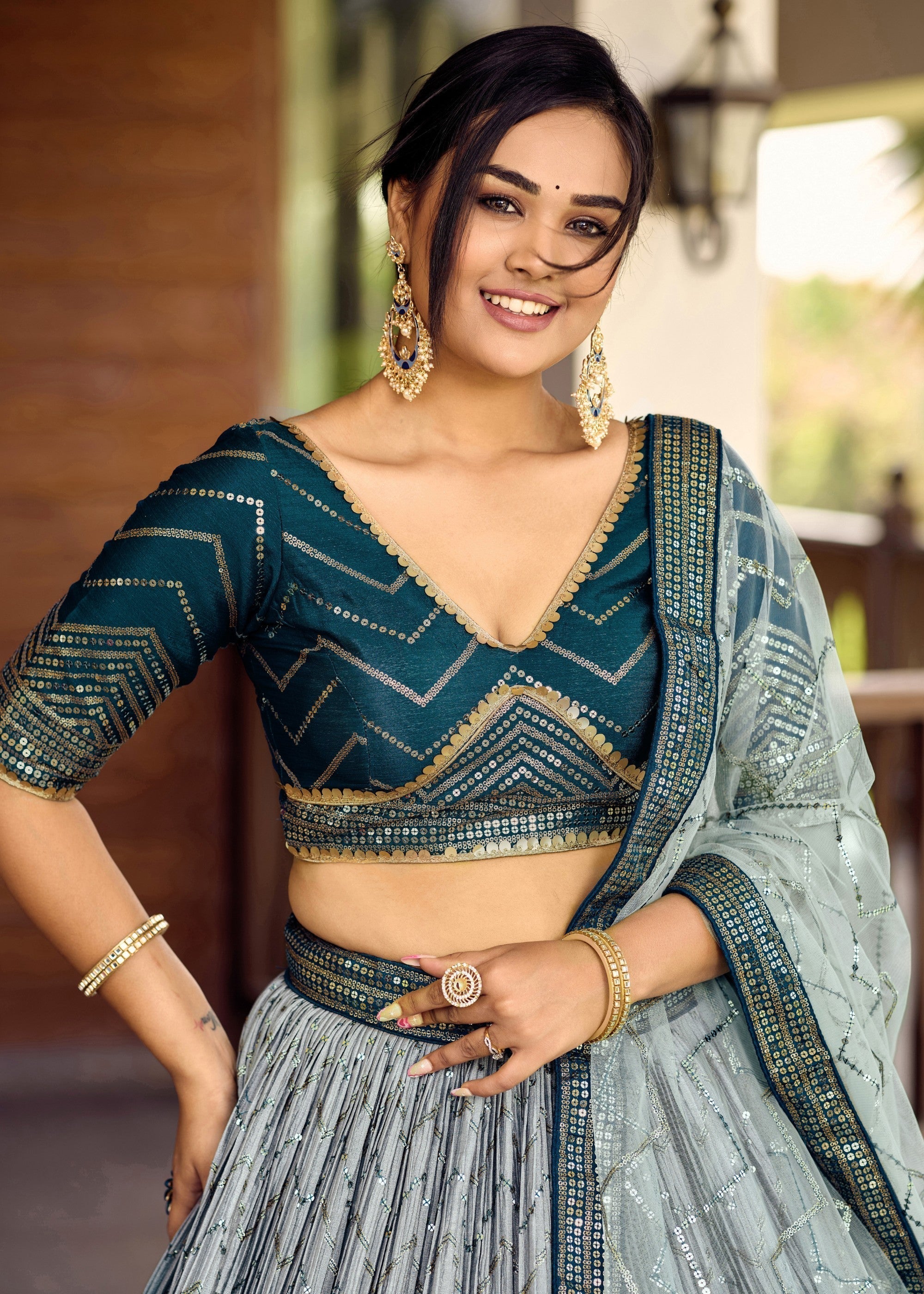 Turquoise Blue Chinon Silk Lehenga With Sequence and Thread Embroidery Work | Ready To Wear - qivii