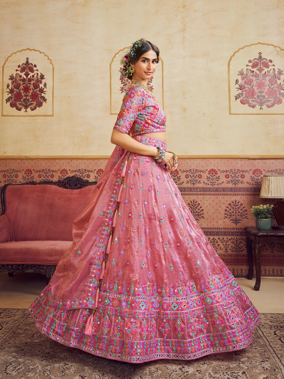 Pink Color Organza Fabric Sequins embroidery Lehenga choli & Dupatta - qivii