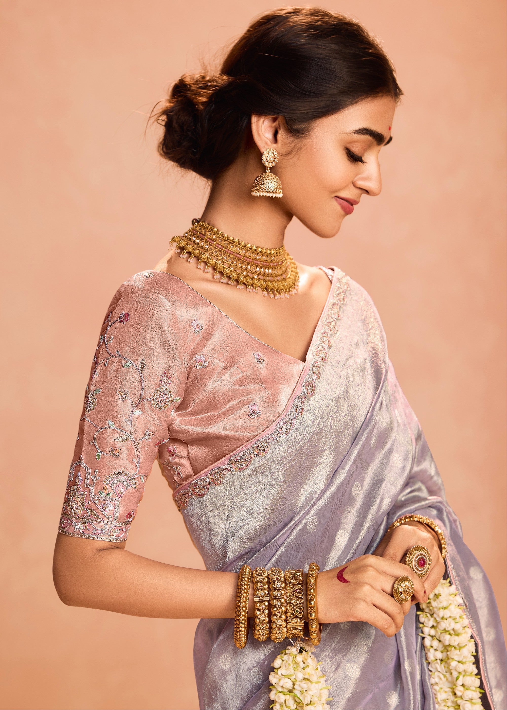 Periwinkle Purple Zari Tissue Silk Saree With Weaving Work And Heavy Embroidery Lace - qivii