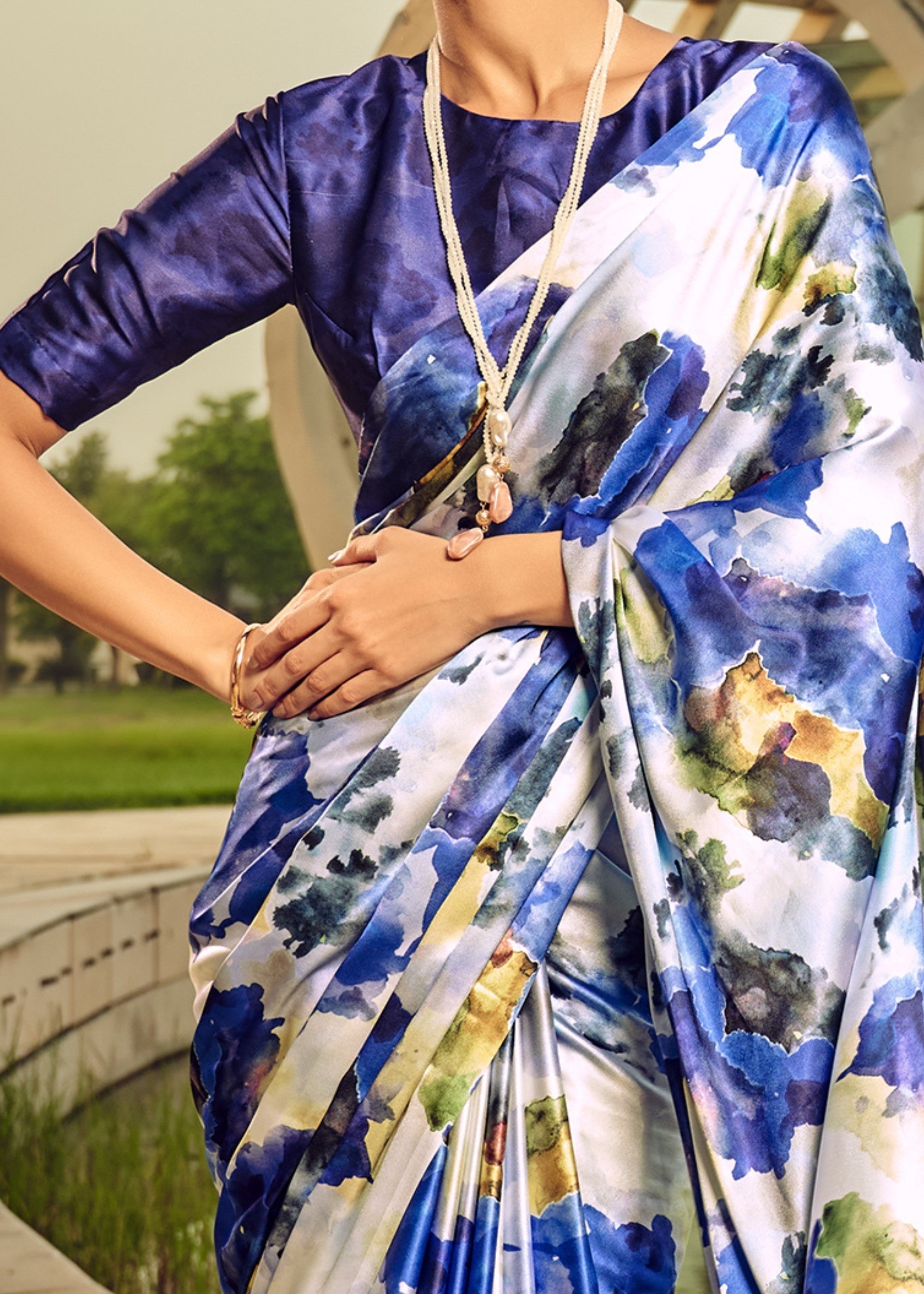 Blue Satin Digital Printed Saree - qivii