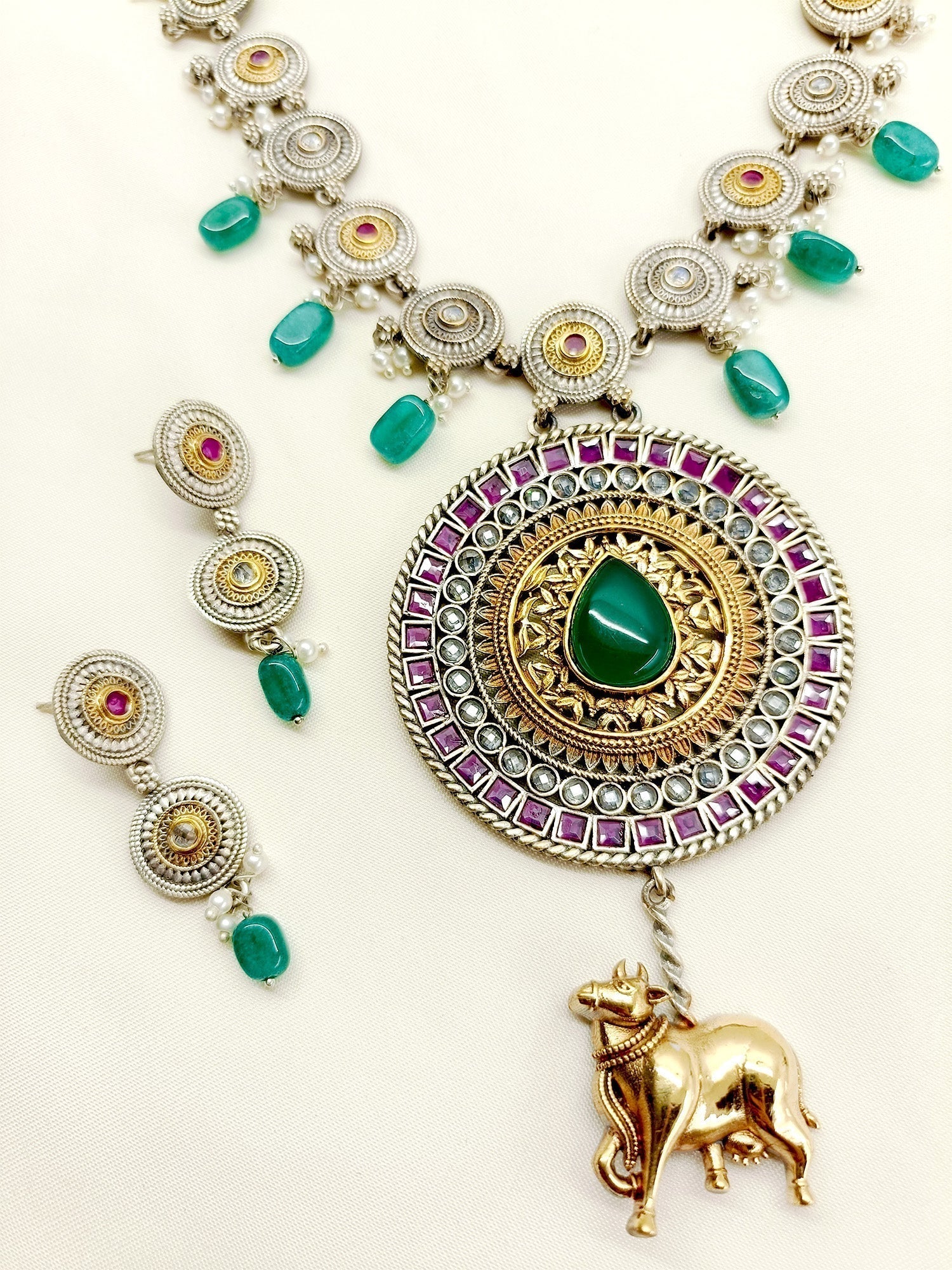 Sanaya R & G Long Oxidized Necklace Set - qivii