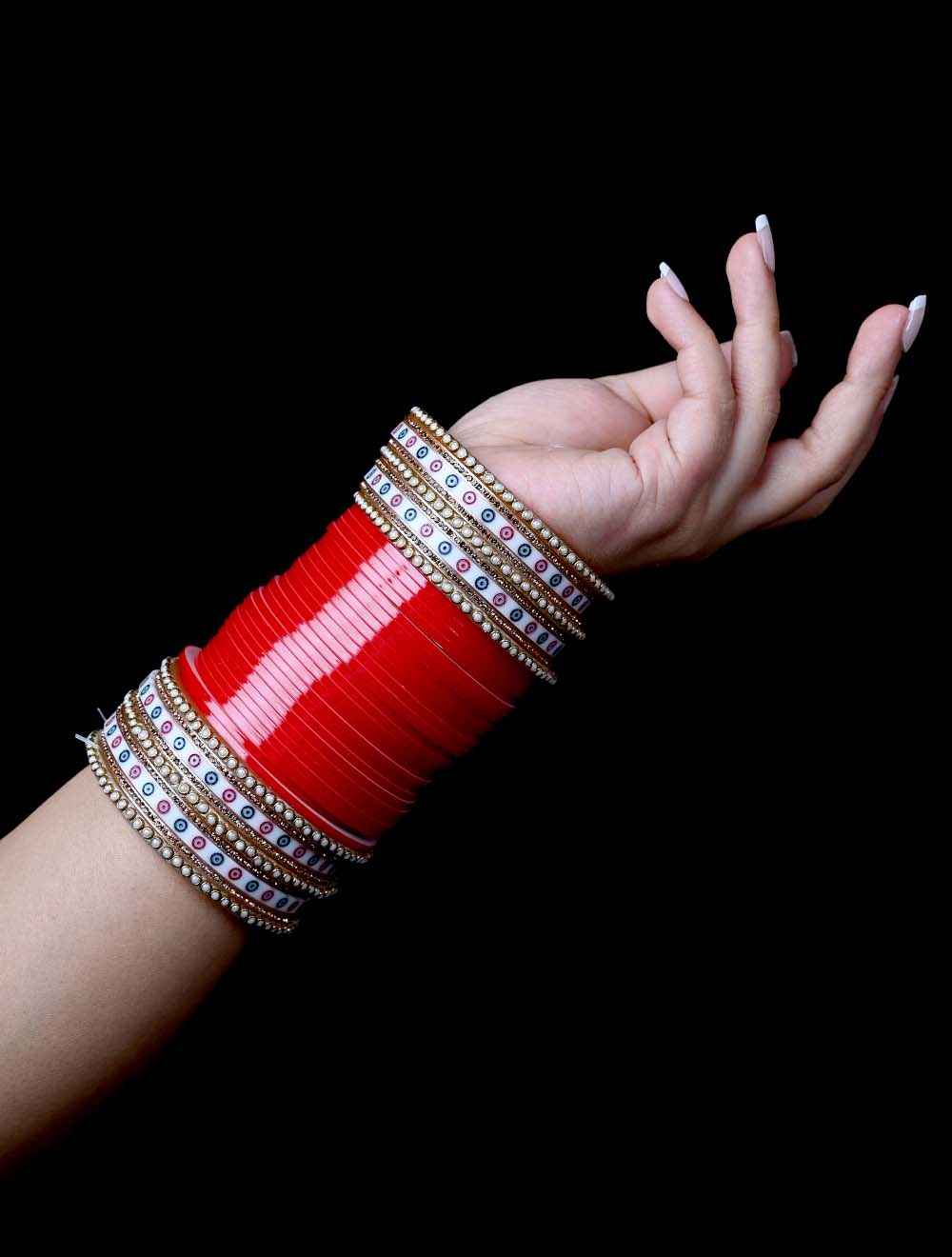 Lavanya Traditional Red Chura With Pearl Bangles And White Meenakari Bangle - qivii