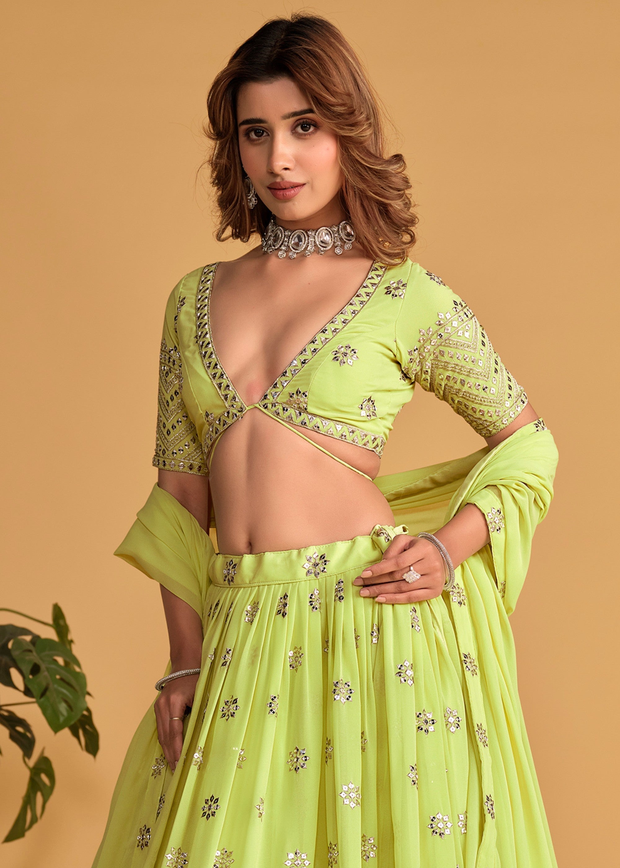 Neon Green Georgette Lehenga Choli With Sequins Zari Embroidered Work | Ready To Wear - qivii
