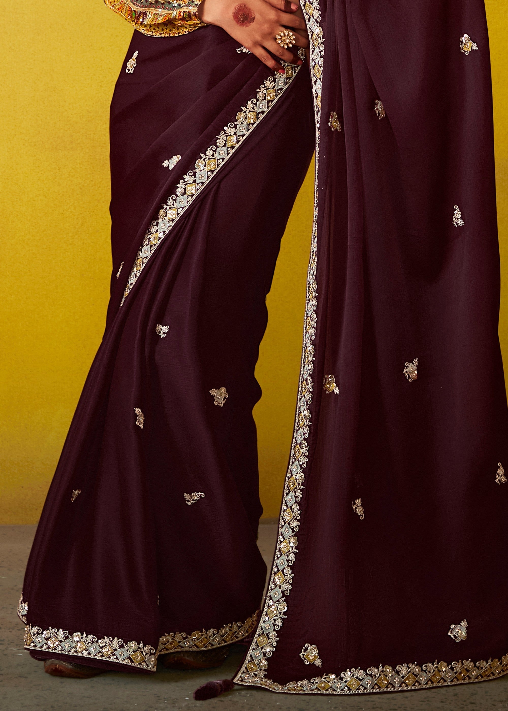 Mulberry Purple Glass Tissue Silk Saree With Sequins And Thread Embroidered Work - qivii