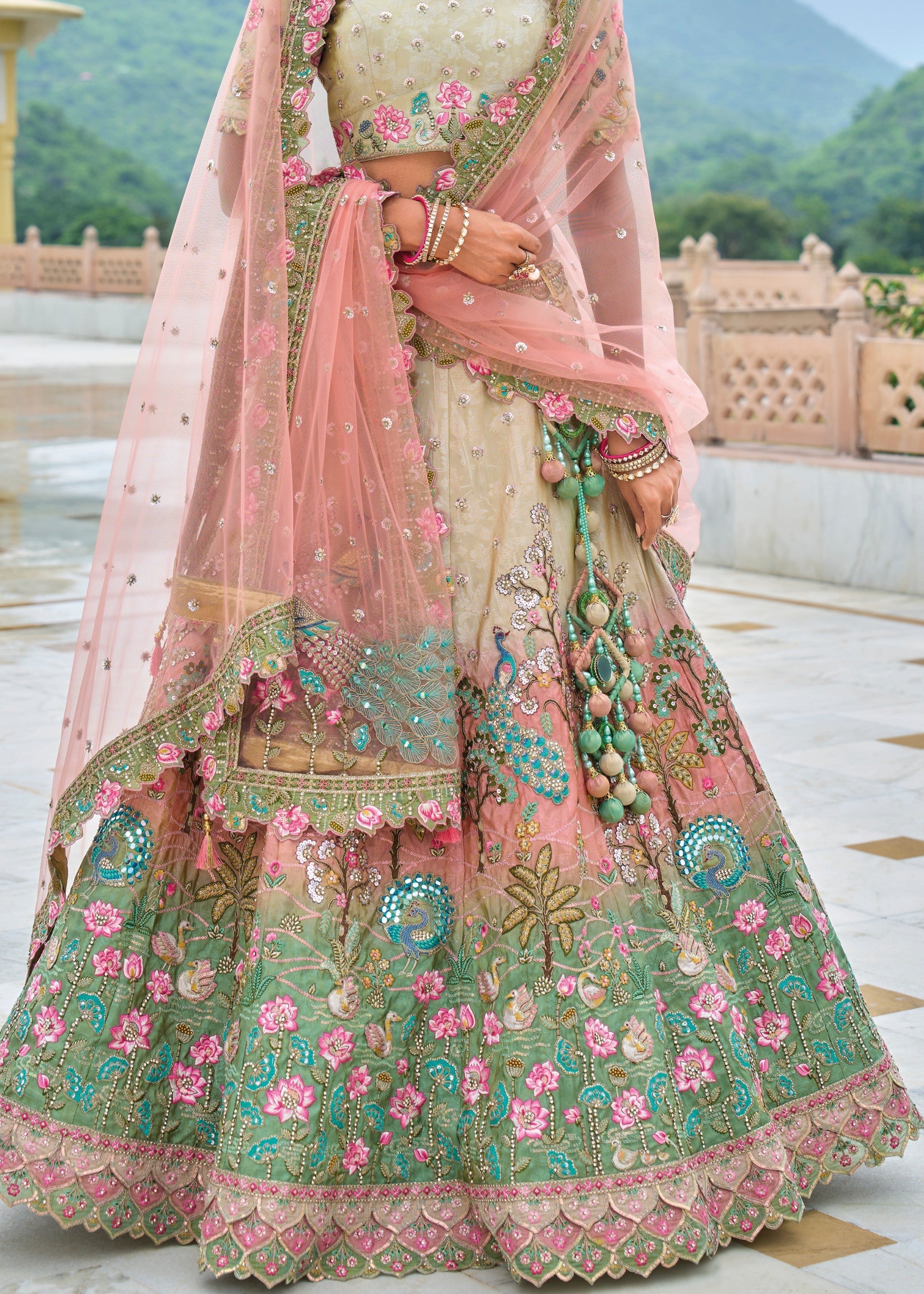 Pista Green and peach Viscose Tissue Lehenga Choli with Embroidery Work : Top Pick | Ready To Wear - qivii