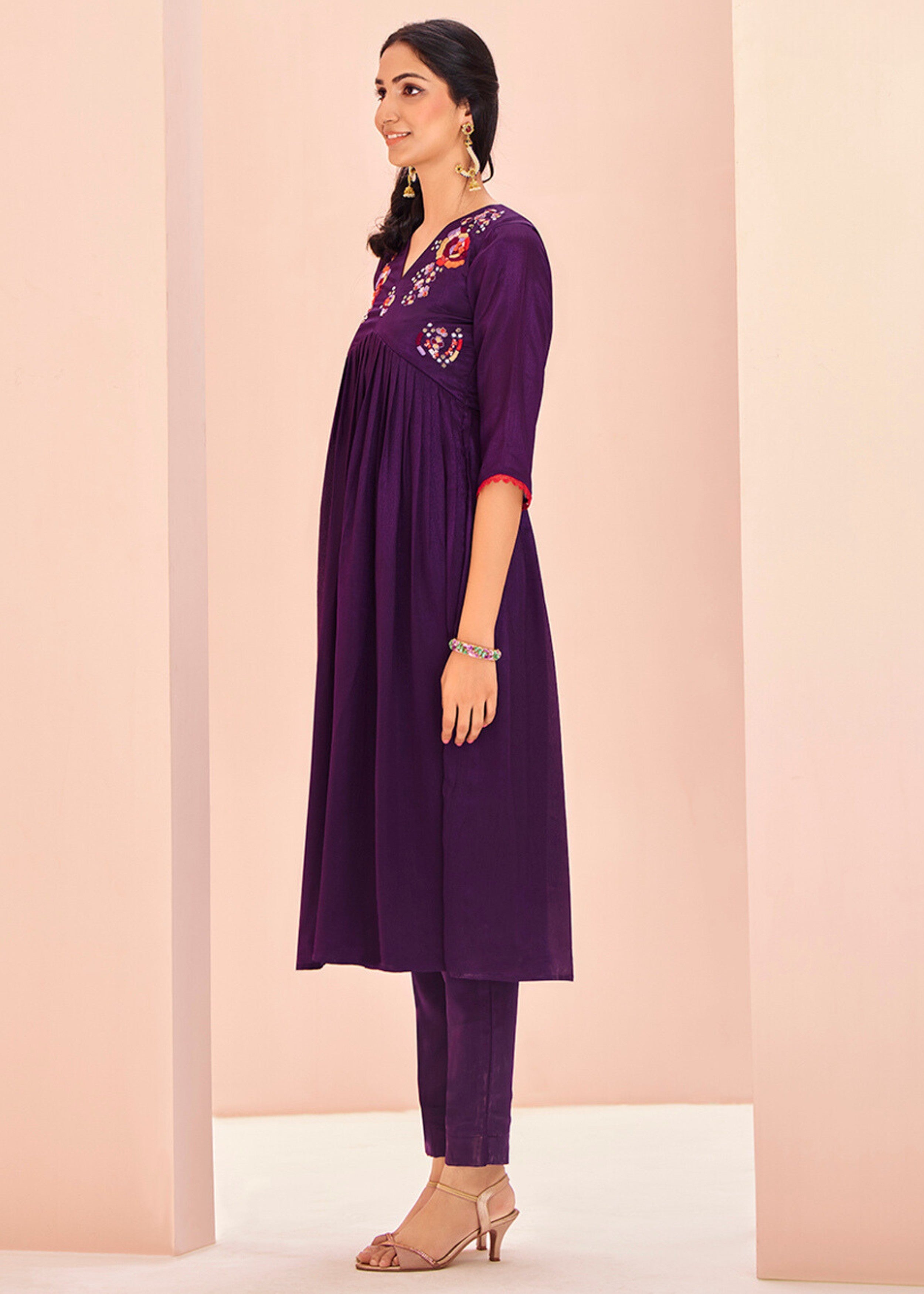 Chinon Wine Handwork Kurta with Pant - qivii