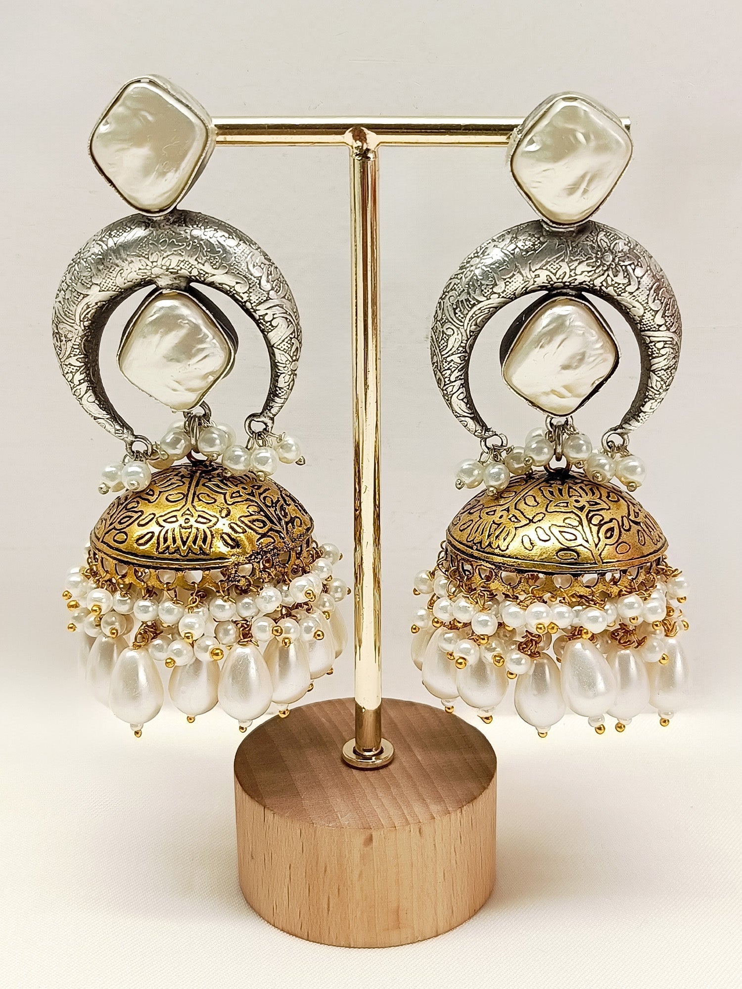 Bernadette Cream Oxidized Jhumki - qivii