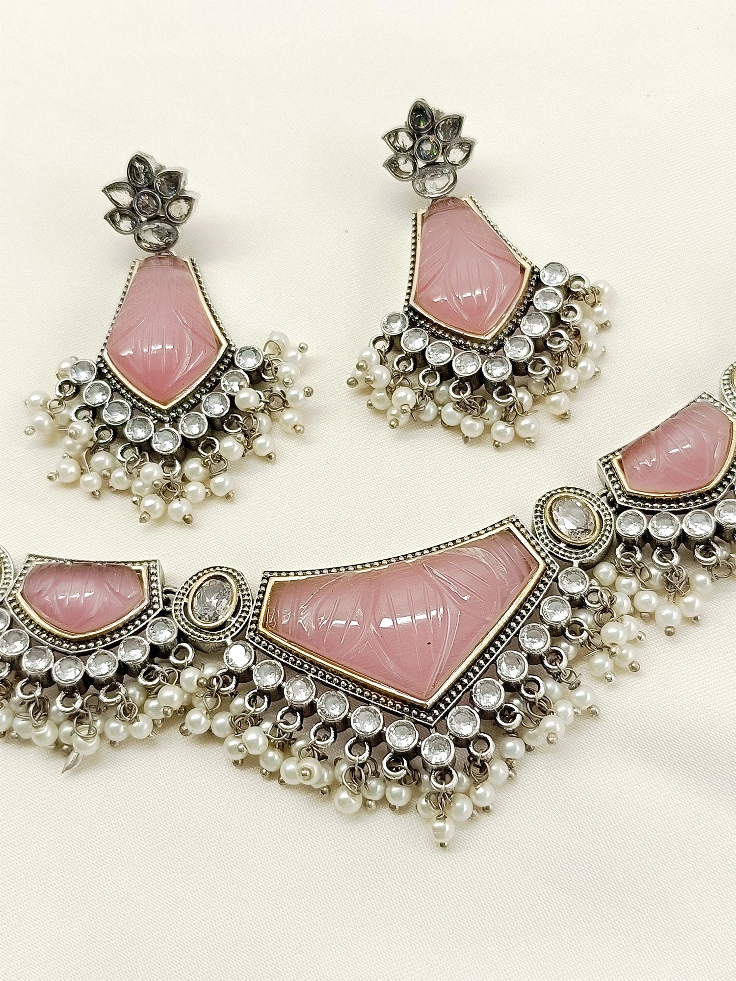 Lajvanti Baby Pink Oxidized Necklace Set