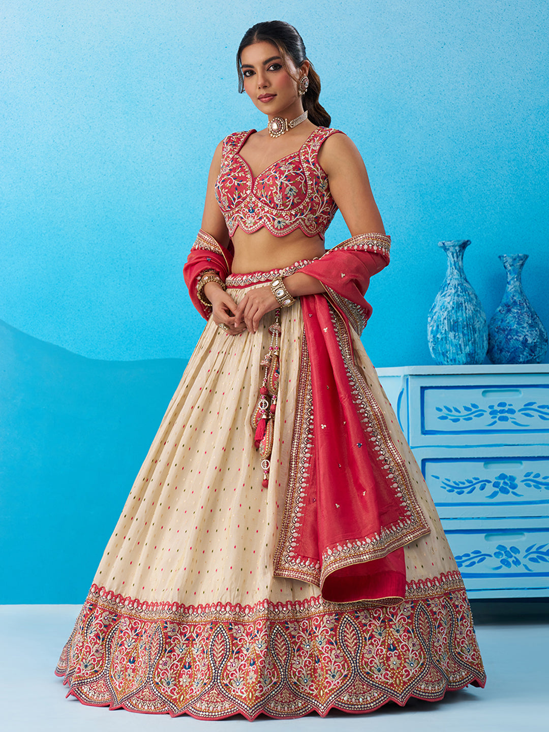 Cream & Pink Jacquard Tissue Sequined Thread & Embroidered Lehenga set